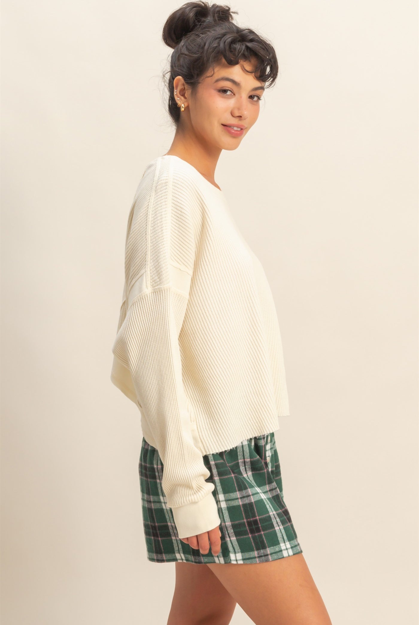 Wholesale Open Back Textured Knit Long Sleeve Top Clothing Tops DZ26A626 CREAM DOUBLE ZERO