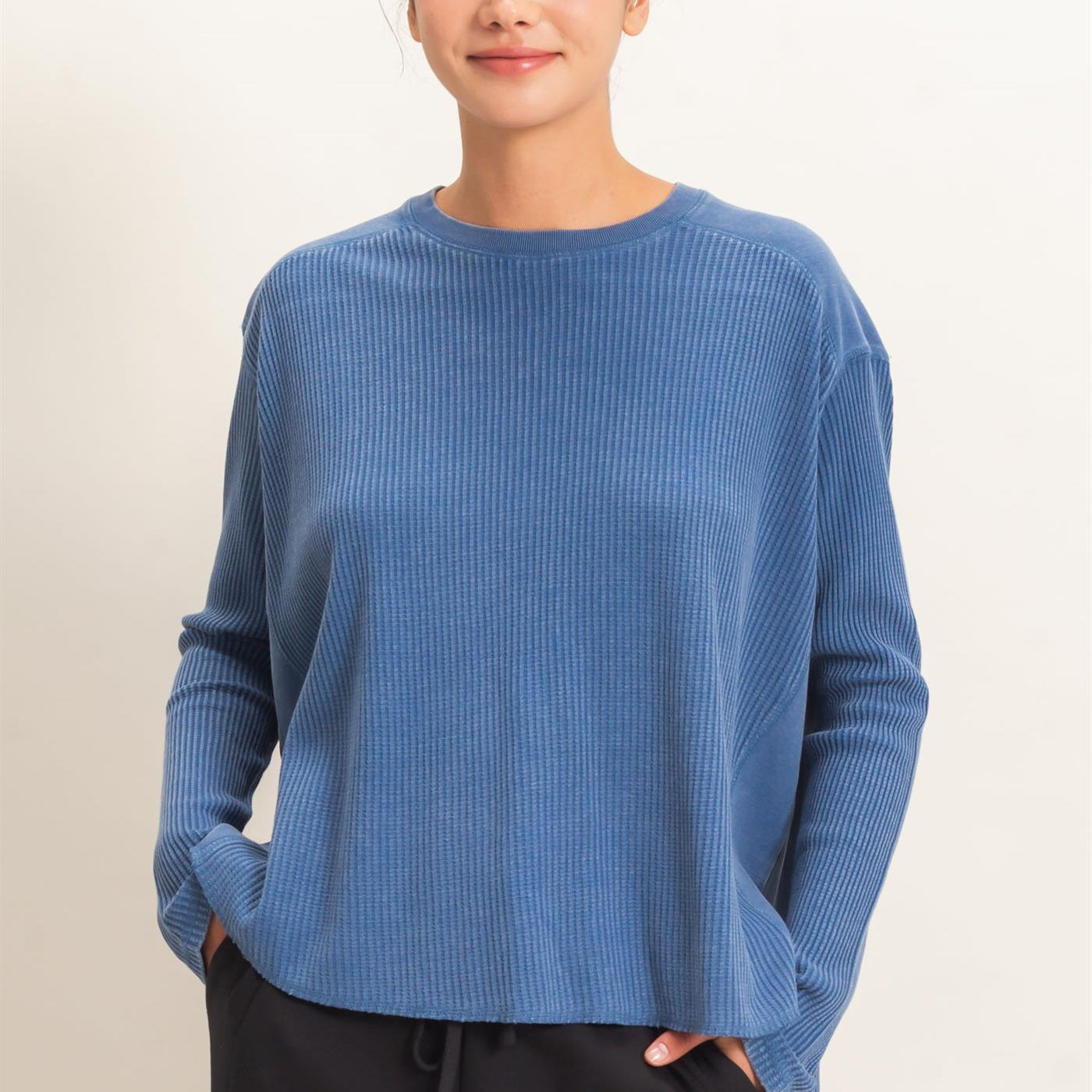 Wholesale Oversized Mineral Washed Waffle Knit Top Clothing Tops DZ26E654 NAVY DOUBLE ZERO