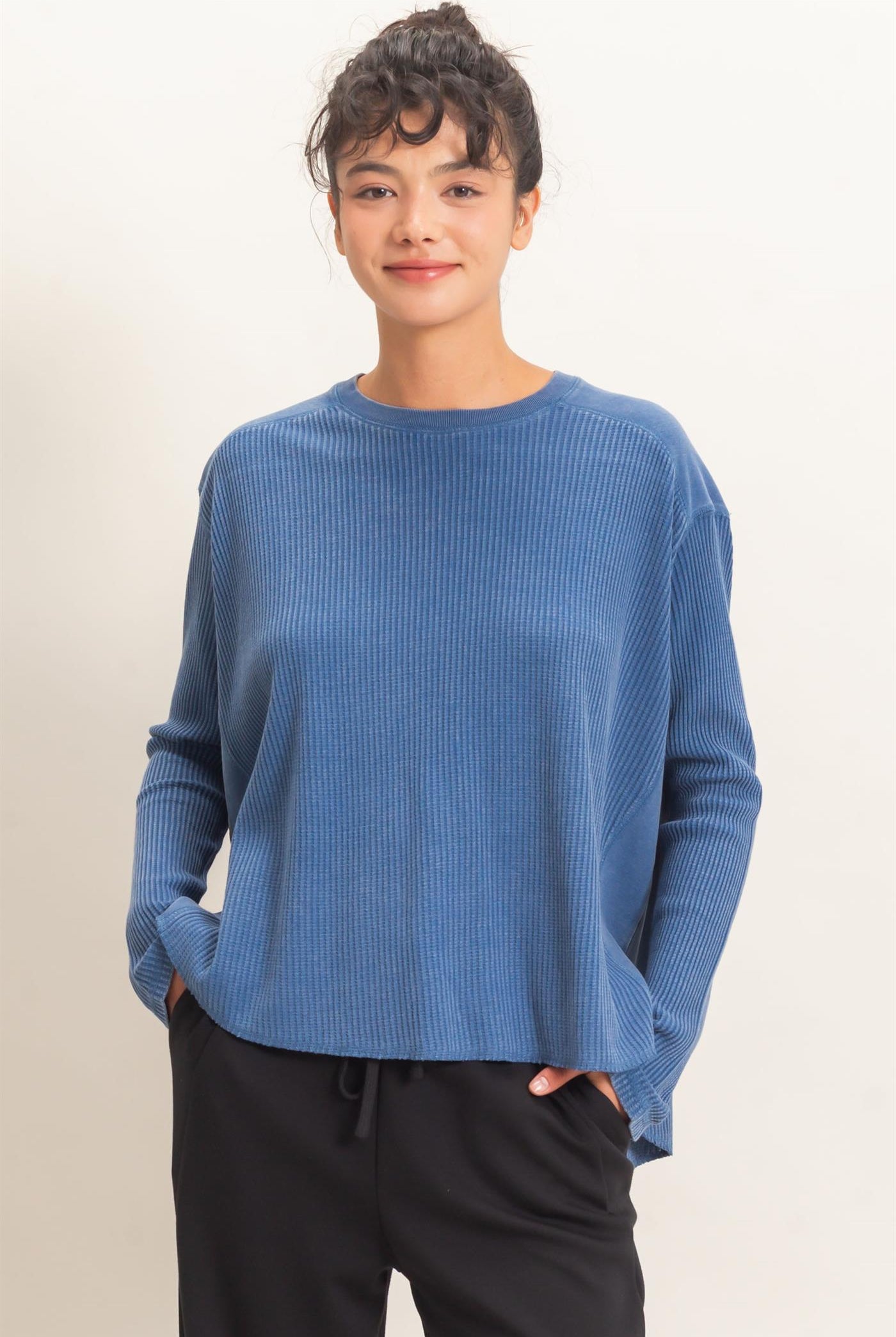Wholesale Oversized Mineral Washed Waffle Knit Top Clothing Tops DZ26E654 NAVY DOUBLE ZERO