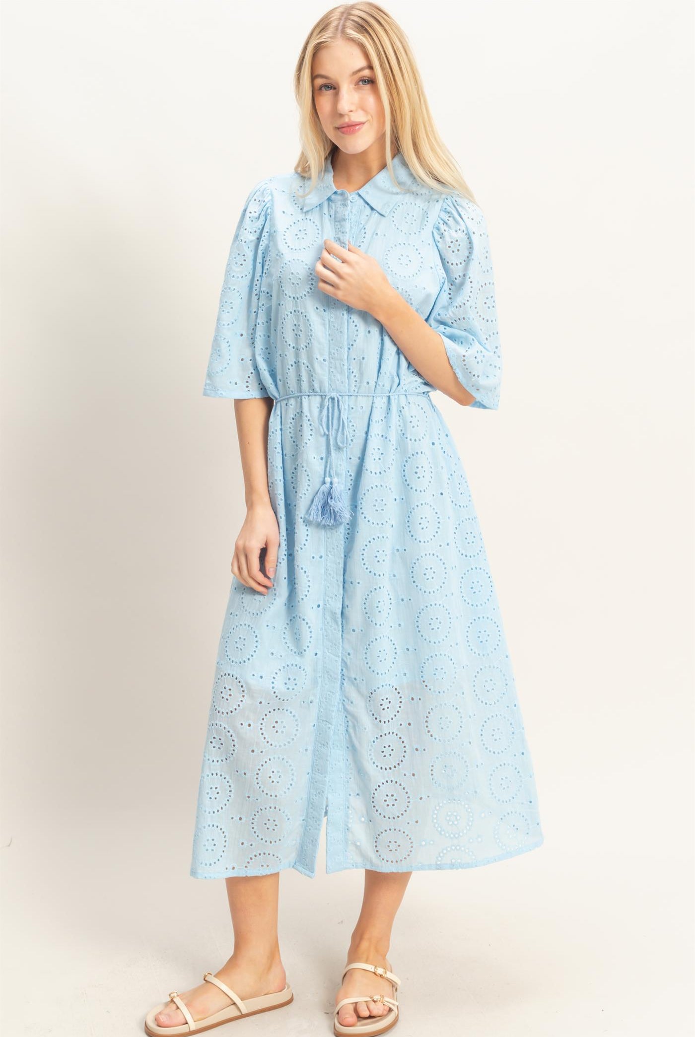 Wholesale Eyelet Collared Midi Dress Dresses HF26A021 L.BLUE HYFVE