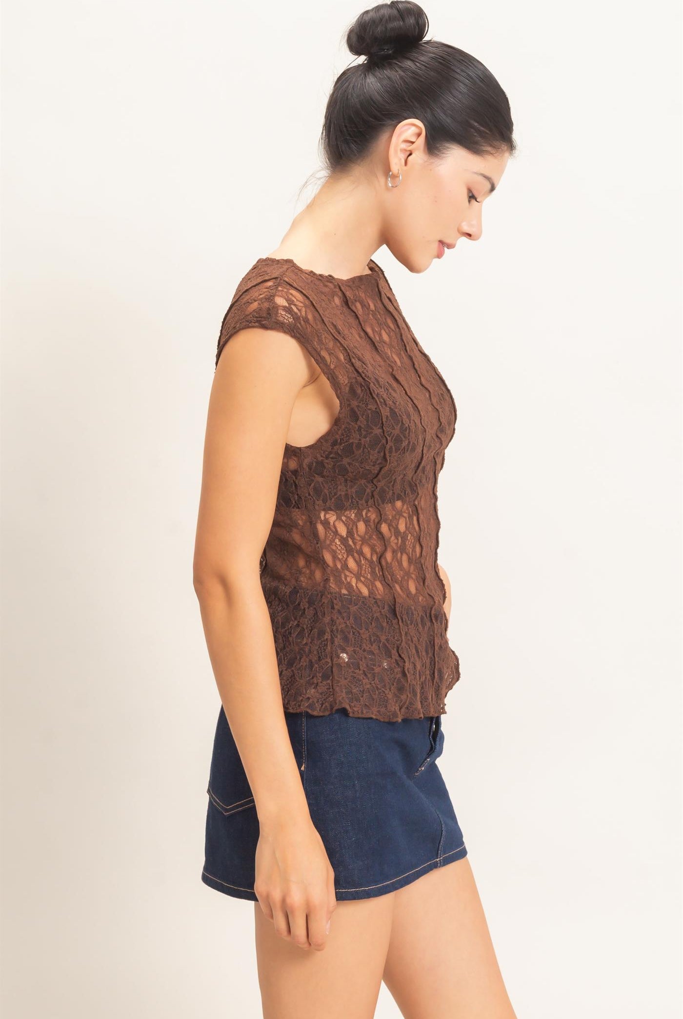 Wholesale Lace Cap Sleeve Top Clothing Tops HF26E672 CHOCOLATE HYFVE