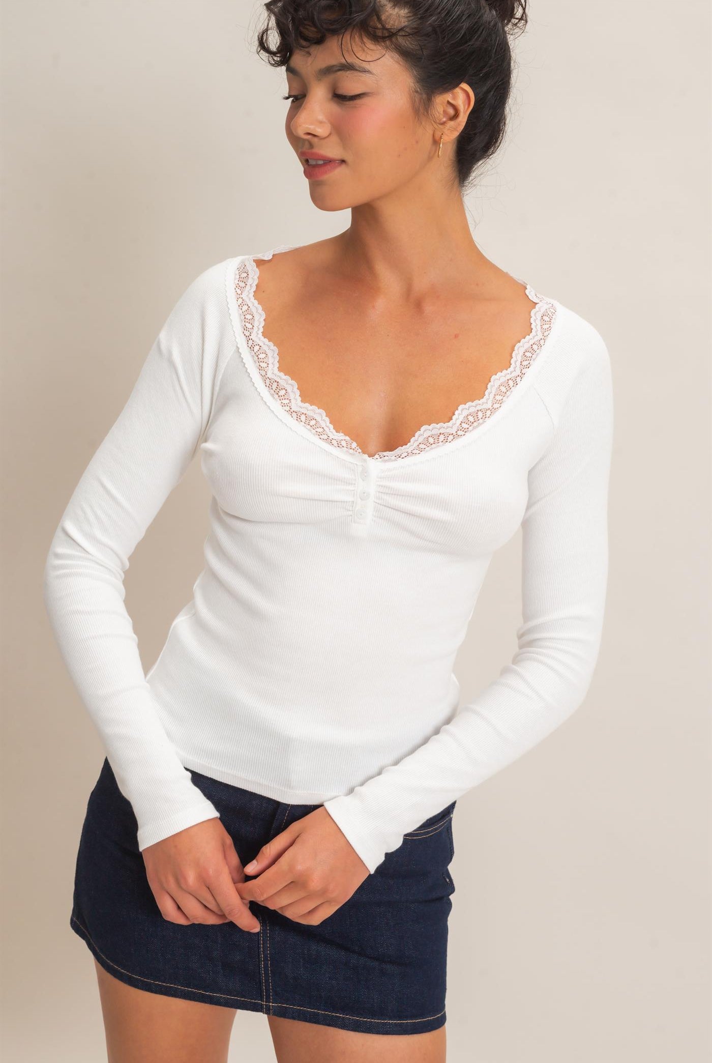 Wholesale Lace-Trim Henley Top Clothing Tops DZ26E325 WHITE DOUBLE ZERO