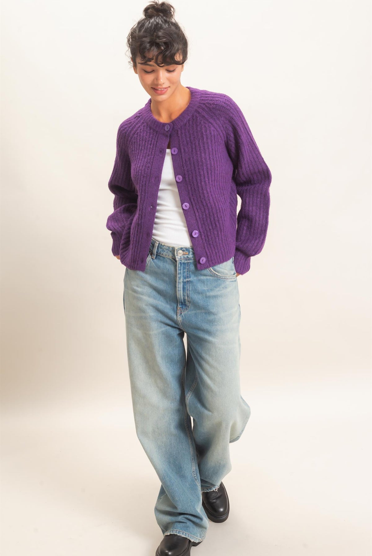 Wholesale Ribbed Button Front Cardigan Cardigans DZ26E109 PLUM DOUBLE ZERO