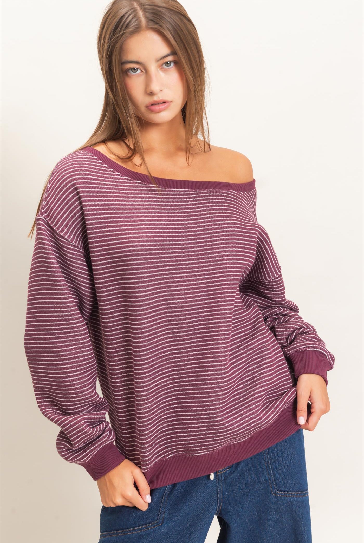 Wholesale Striped Off The Shoulder Sweatshirt Sweatshirts DZ26C881 DARK CHERRY DOUBLE ZERO