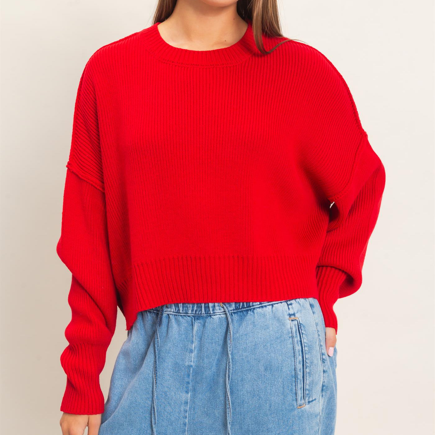 Wholesale Ribbed Drop Shoulder Sweater Sweaters DZ26C982 RED DOUBLE ZERO