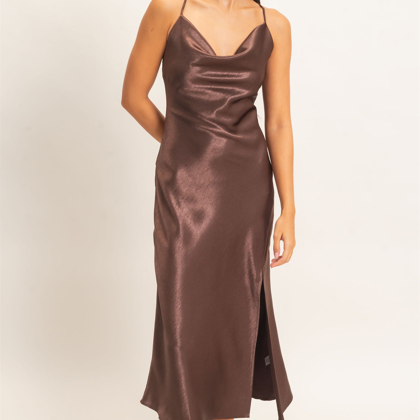 Wholesale Cowl Neck Satin Slip Dress Dresses DZ26E251 DARK BROWN DOUBLE ZERO