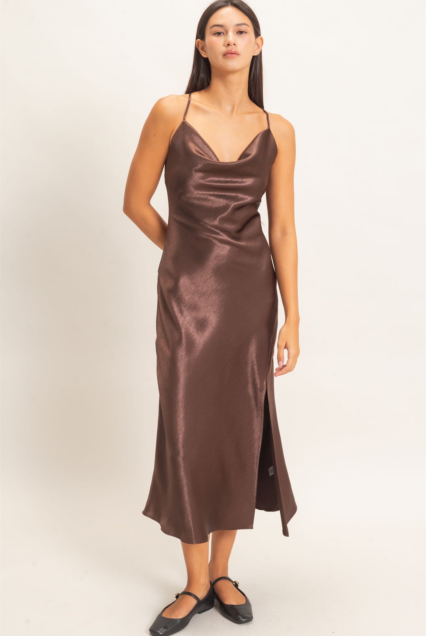 Wholesale Cowl Neck Satin Slip Dress Dresses DZ26E251 DARK BROWN DOUBLE ZERO
