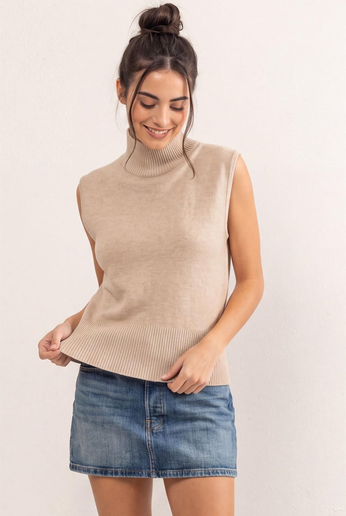 Wholesale Sleeveless High Neck Knit Top Clothing Tops DZ26E946 TAUPE DOUBLE ZERO