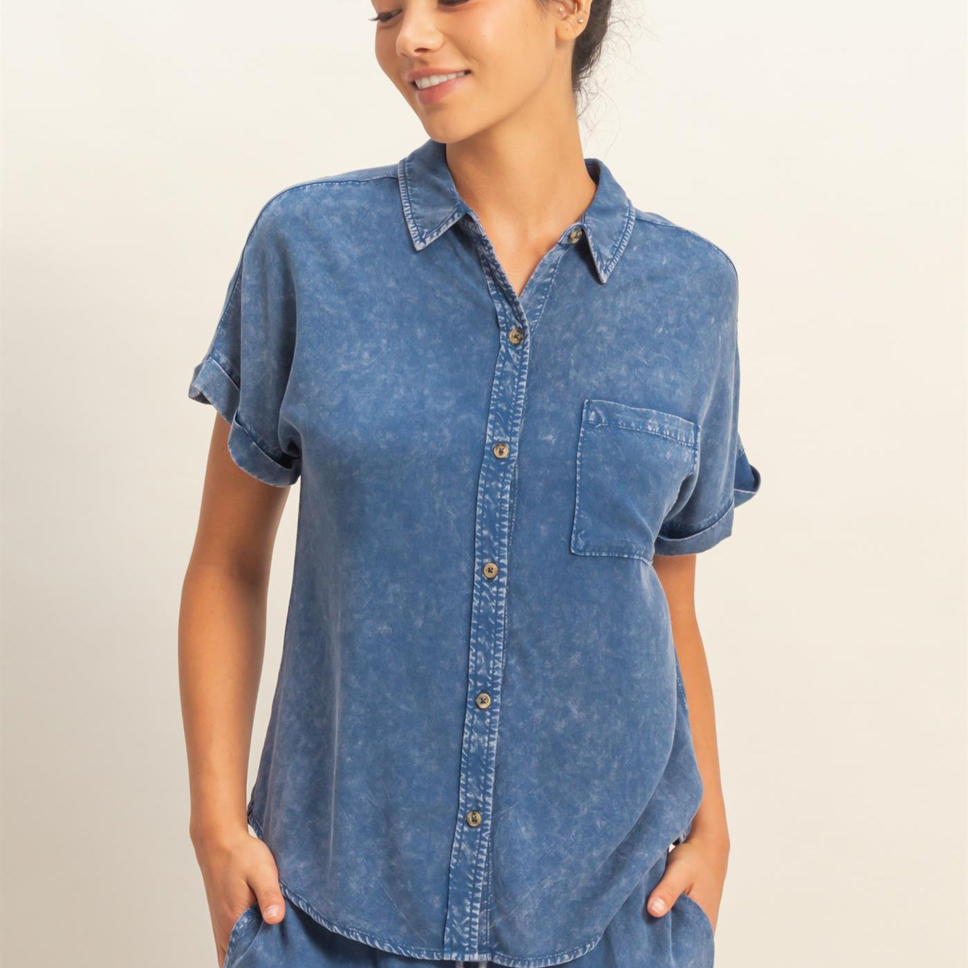 Wholesale Mineral Wash Button-Up Dolman Sleeve Shirt Shirts DZ26C132 NAVY DOUBLE ZERO