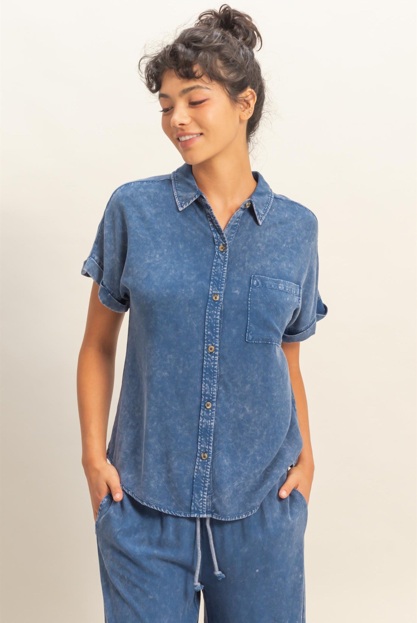 Wholesale Mineral Wash Button-Up Dolman Sleeve Shirt Shirts DZ26C132 NAVY DOUBLE ZERO