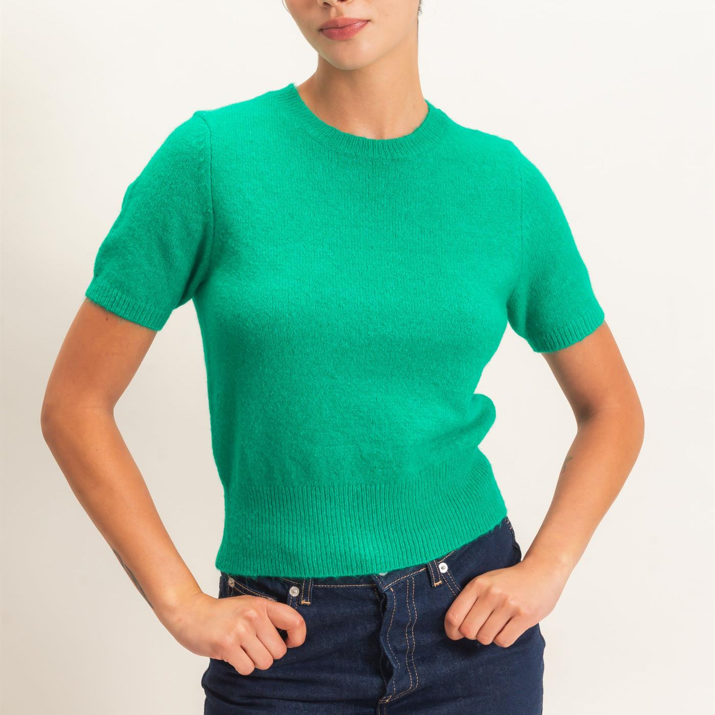 Wholesale Crew Neck Short Sleeve Knit Top Clothing Tops DZ26E944 EMERALD DOUBLE ZERO