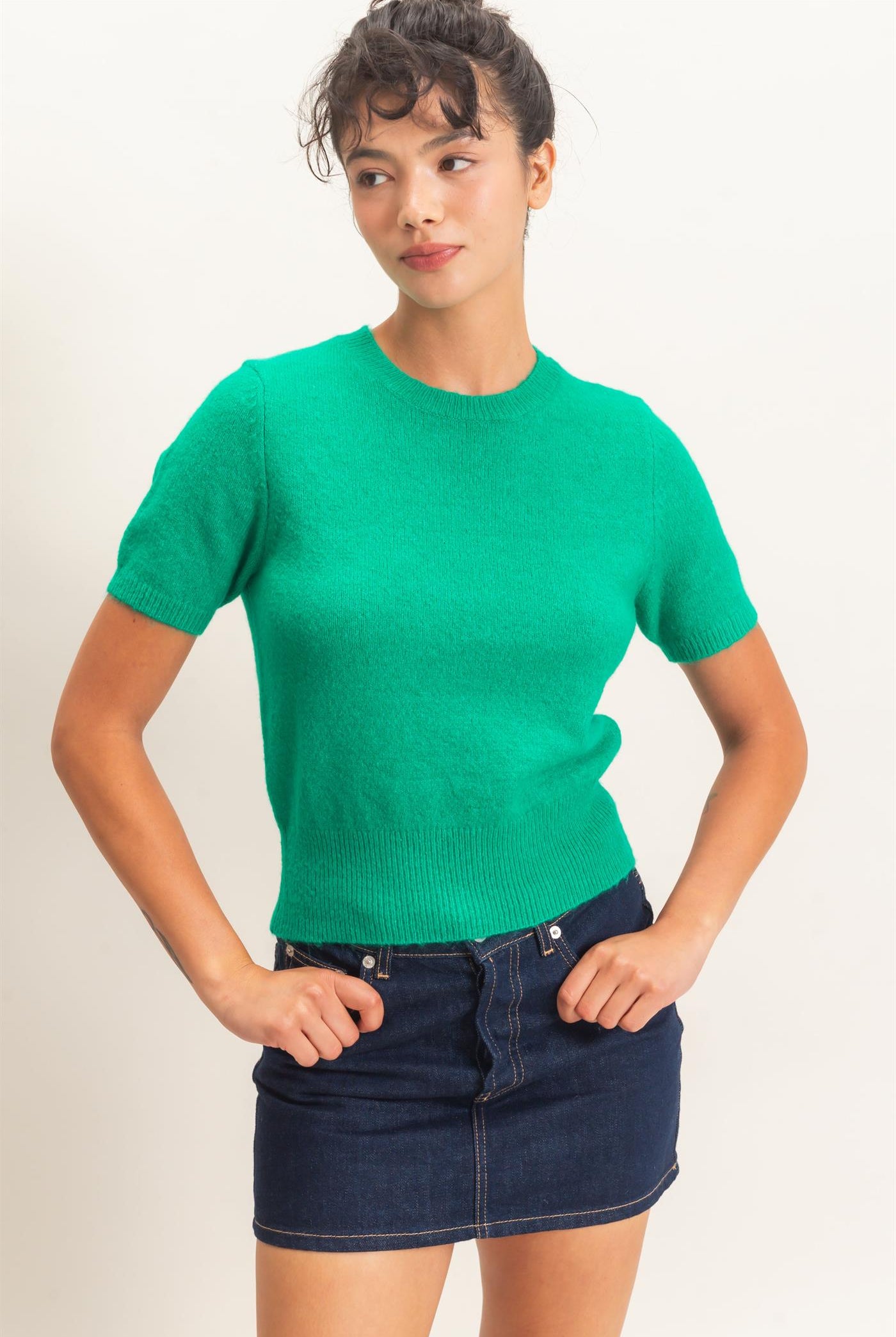 Wholesale Crew Neck Short Sleeve Knit Top Clothing Tops DZ26E944 EMERALD DOUBLE ZERO