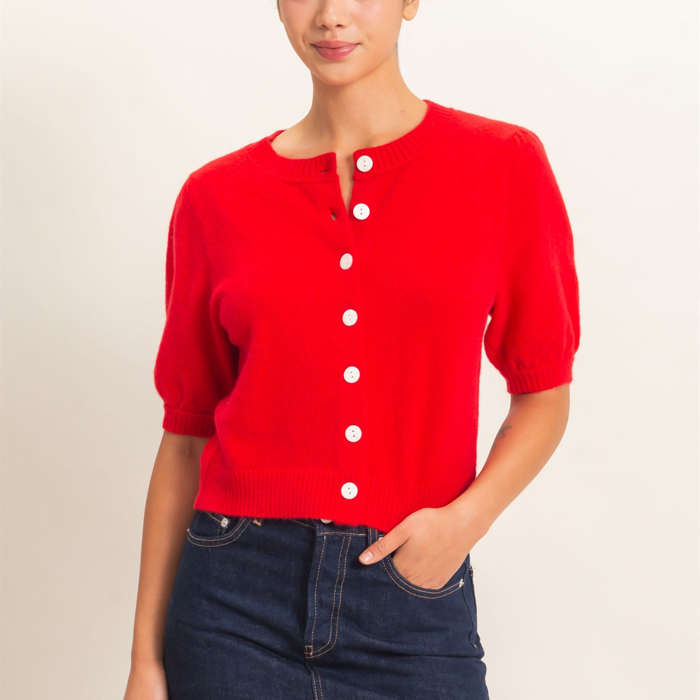 Wholesale Button Front Puff Short Sleeve Cardigan Cardigans DZ26C960 RED DOUBLE ZERO