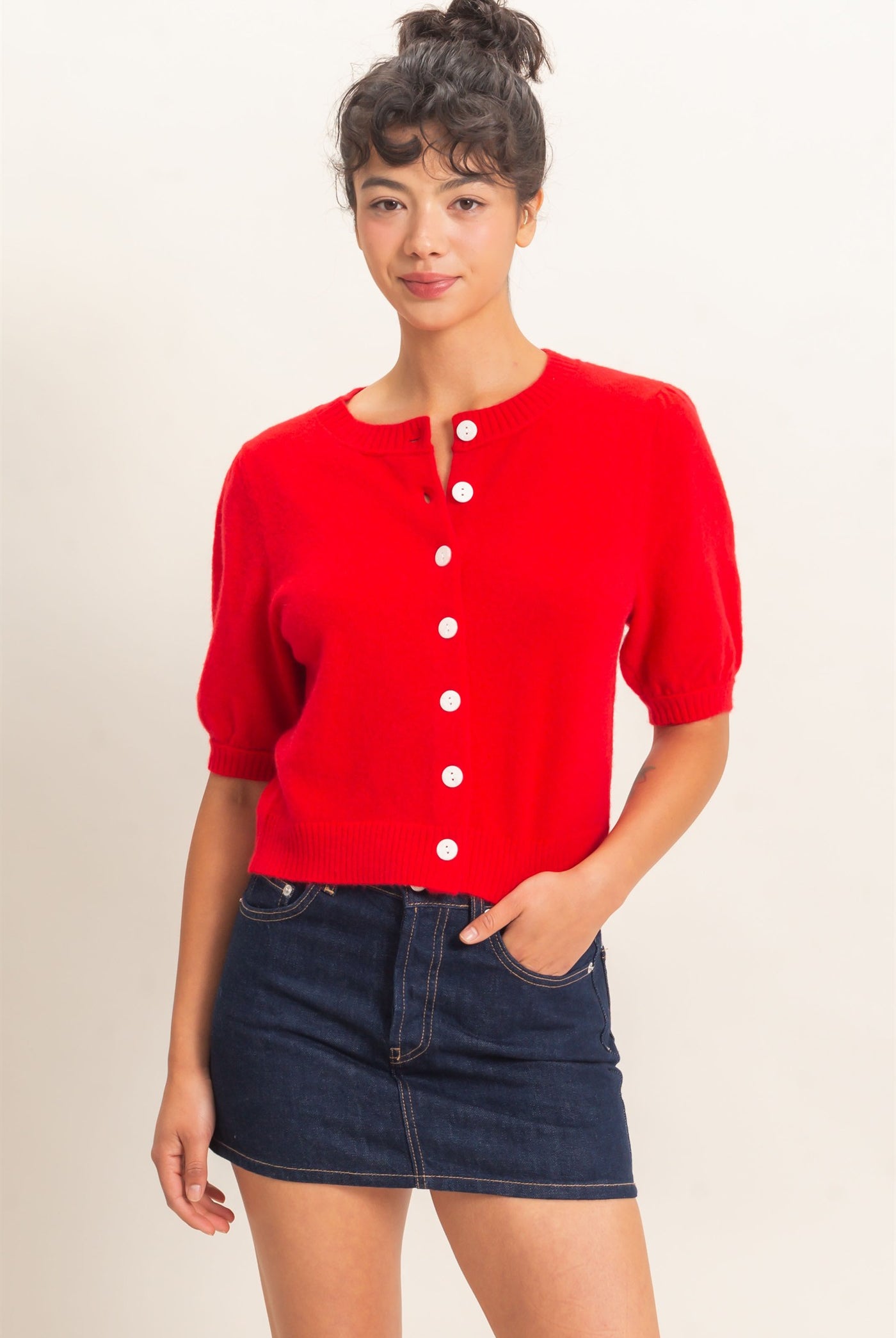 Wholesale Button Front Puff Short Sleeve Cardigan Cardigans DZ26C960 RED DOUBLE ZERO