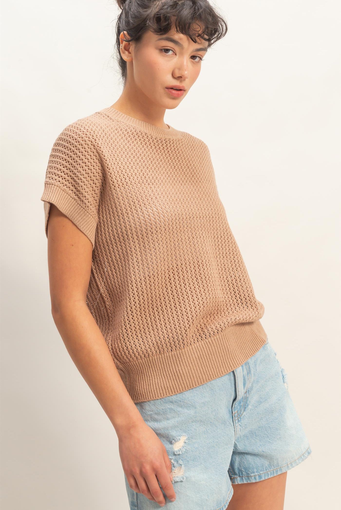 Wholesale Open-Knit Dolman Sleeve Top Clothing Tops DZ26A334 DARK TAUPE DOUBLE ZERO