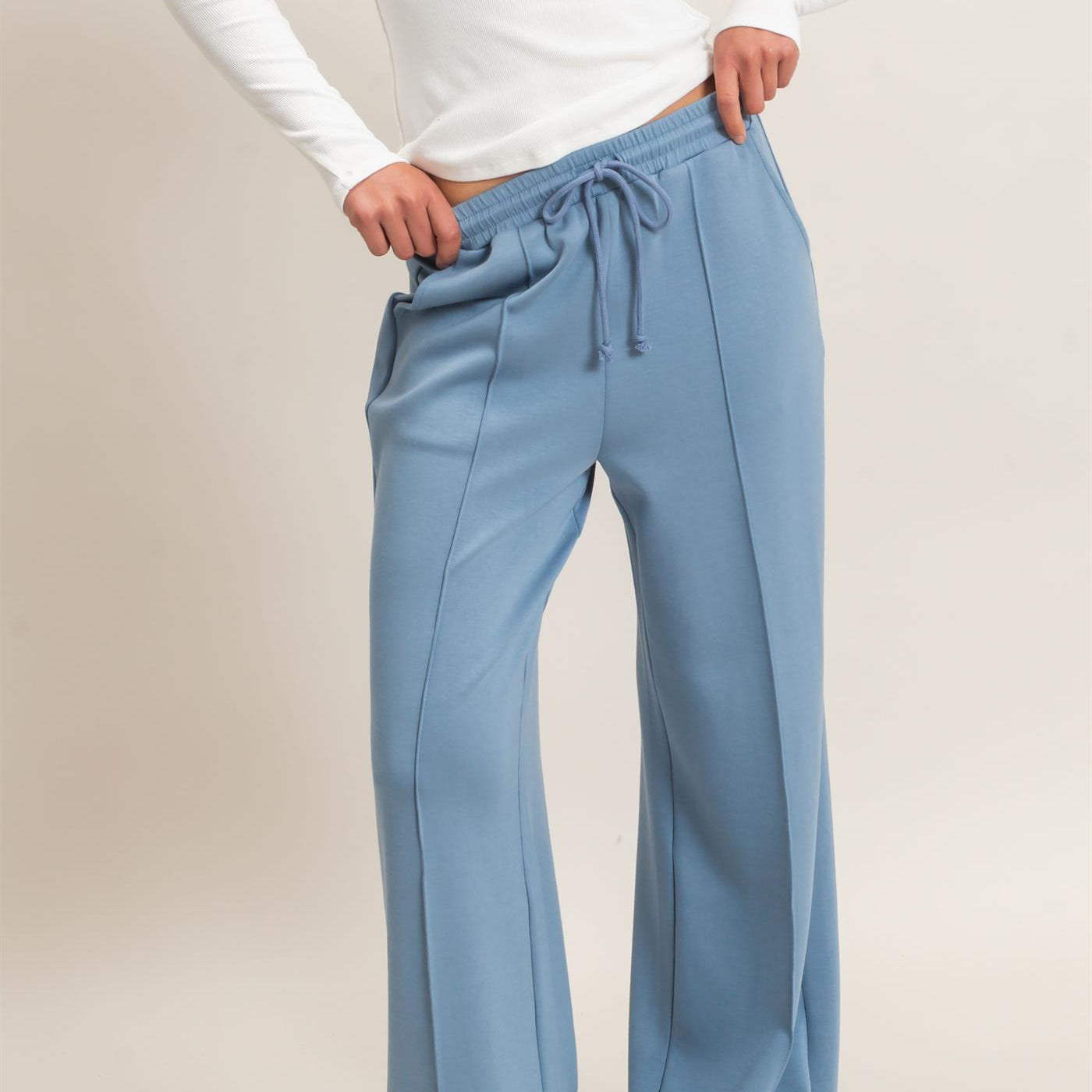 Wholesale Drawstring Waist Pintuck Wide Leg Pants Pants DZ26E384 DUSTY BLUE HYFVE
