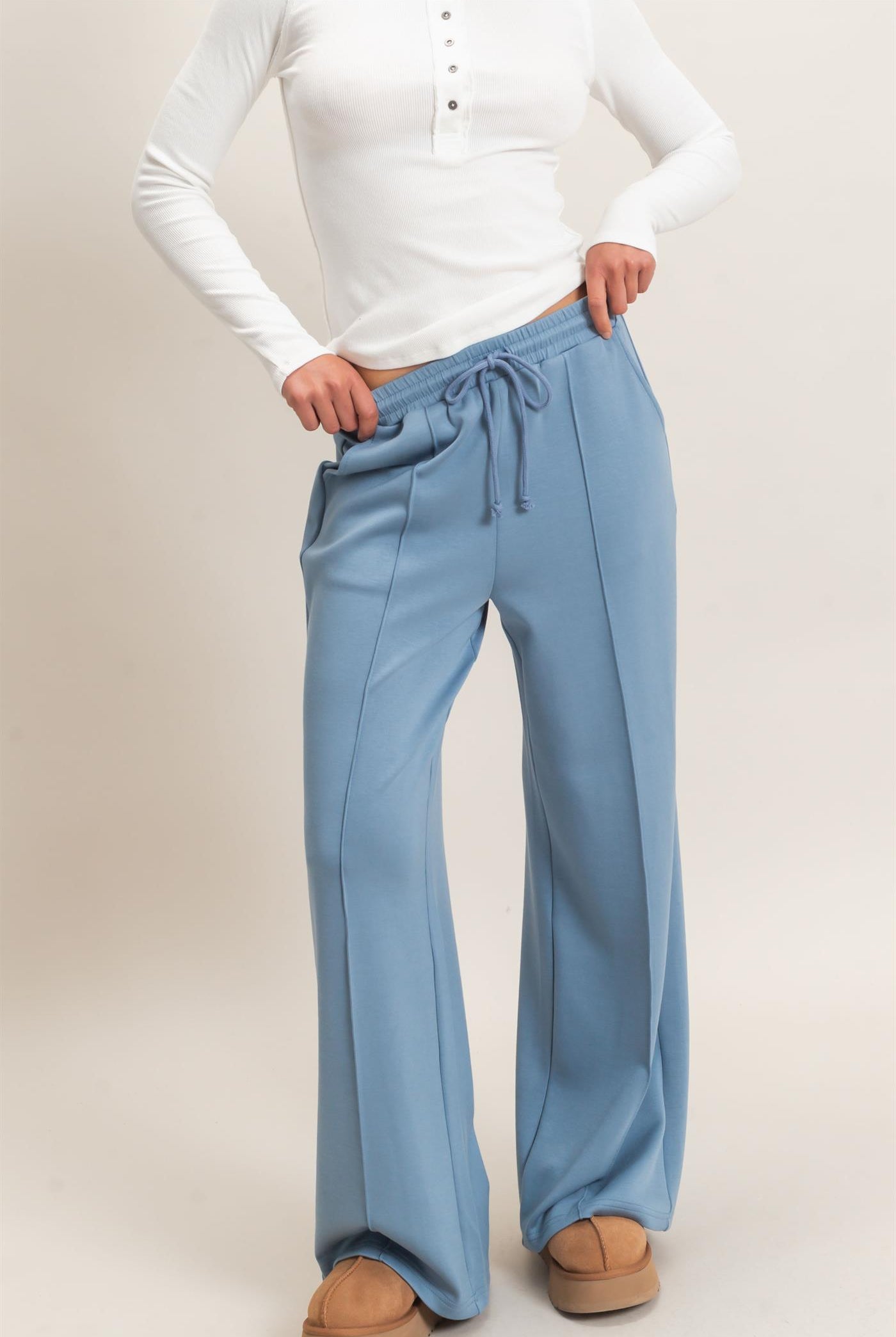 Wholesale Drawstring Waist Pintuck Wide Leg Pants Pants DZ26E384 DUSTY BLUE HYFVE