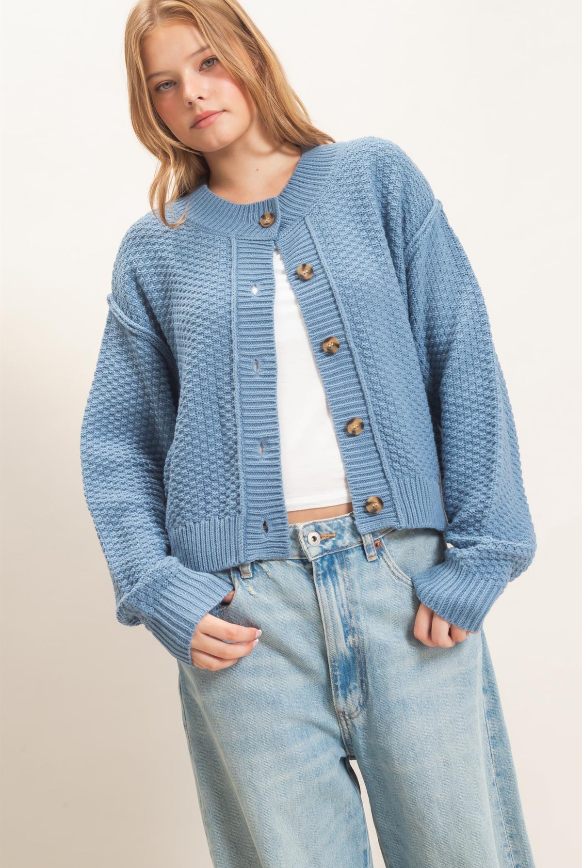 Wholesale Textured Knit Button-Front Cardigan Cardigans HF26C409 BLUE HYFVE
