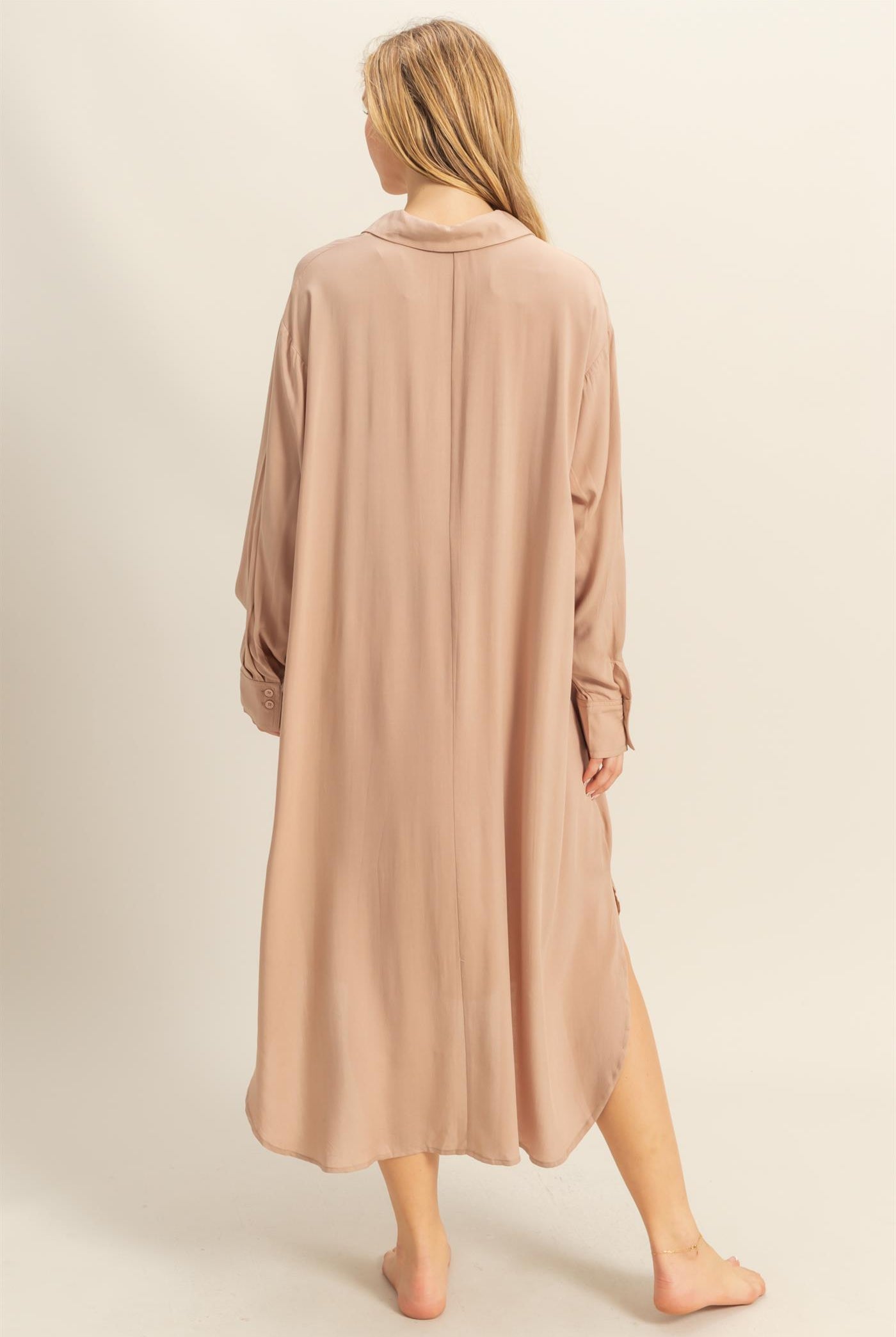 Wholesale V-Neck Long Sleeved Midi Shirts Dress Dresses DZ24E706 DARK TAUPE DOUBLE ZERO