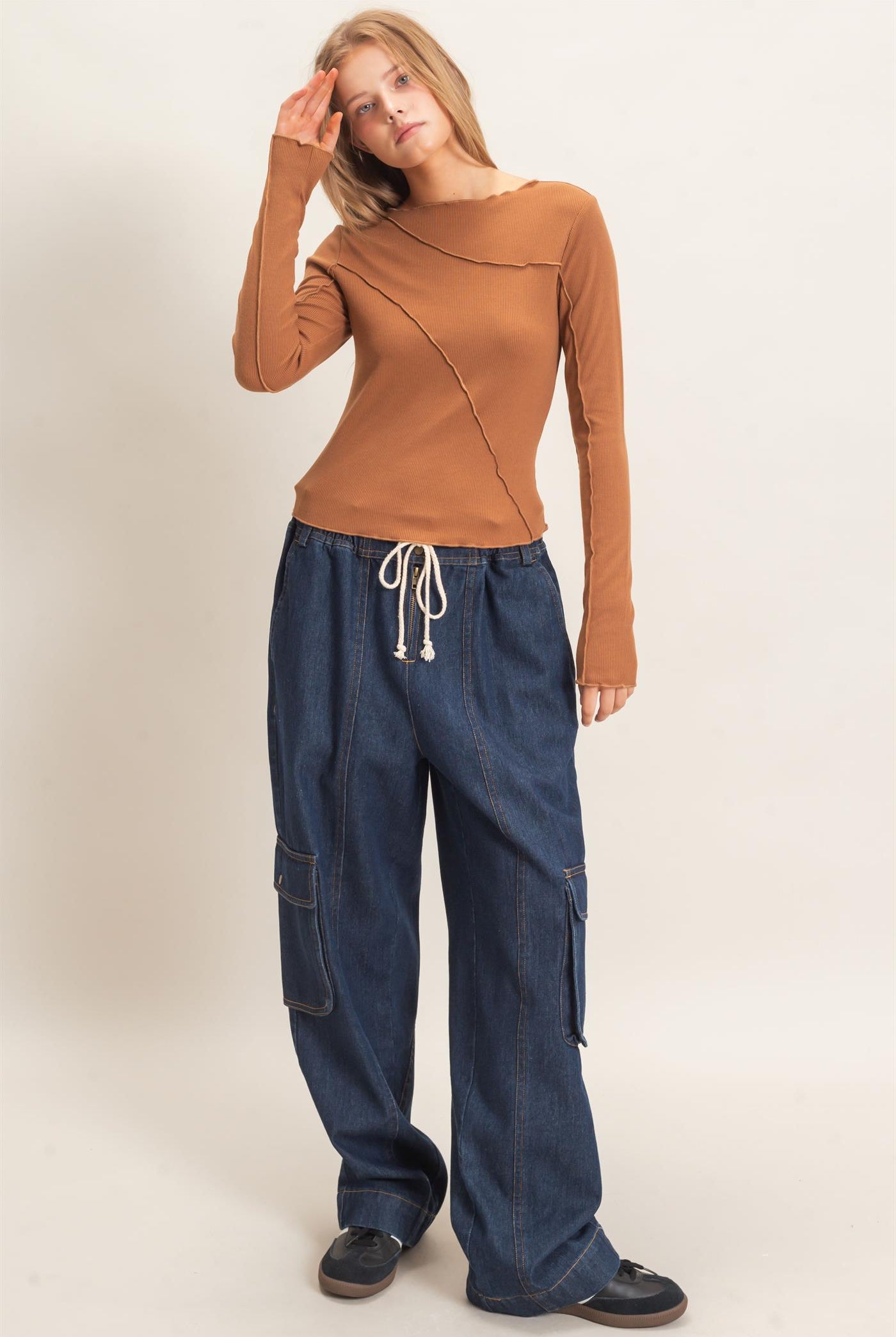 Wholesale Ruffled Ribbed Long Sleeve Top Clothing Tops HF26F085 BROWN HYFVE