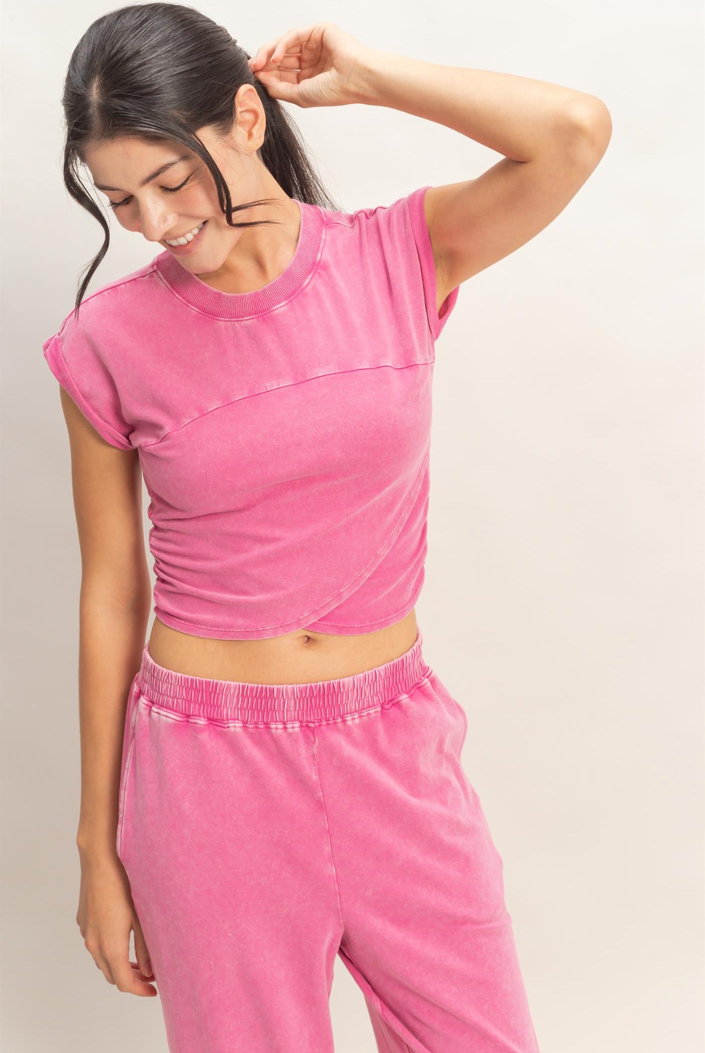 Wholesale Rolled Sleeve Wrap-Front Crop Top And Jogger Set Clothing DZ26A172-SET FUCHSIA DOUBLE ZERO