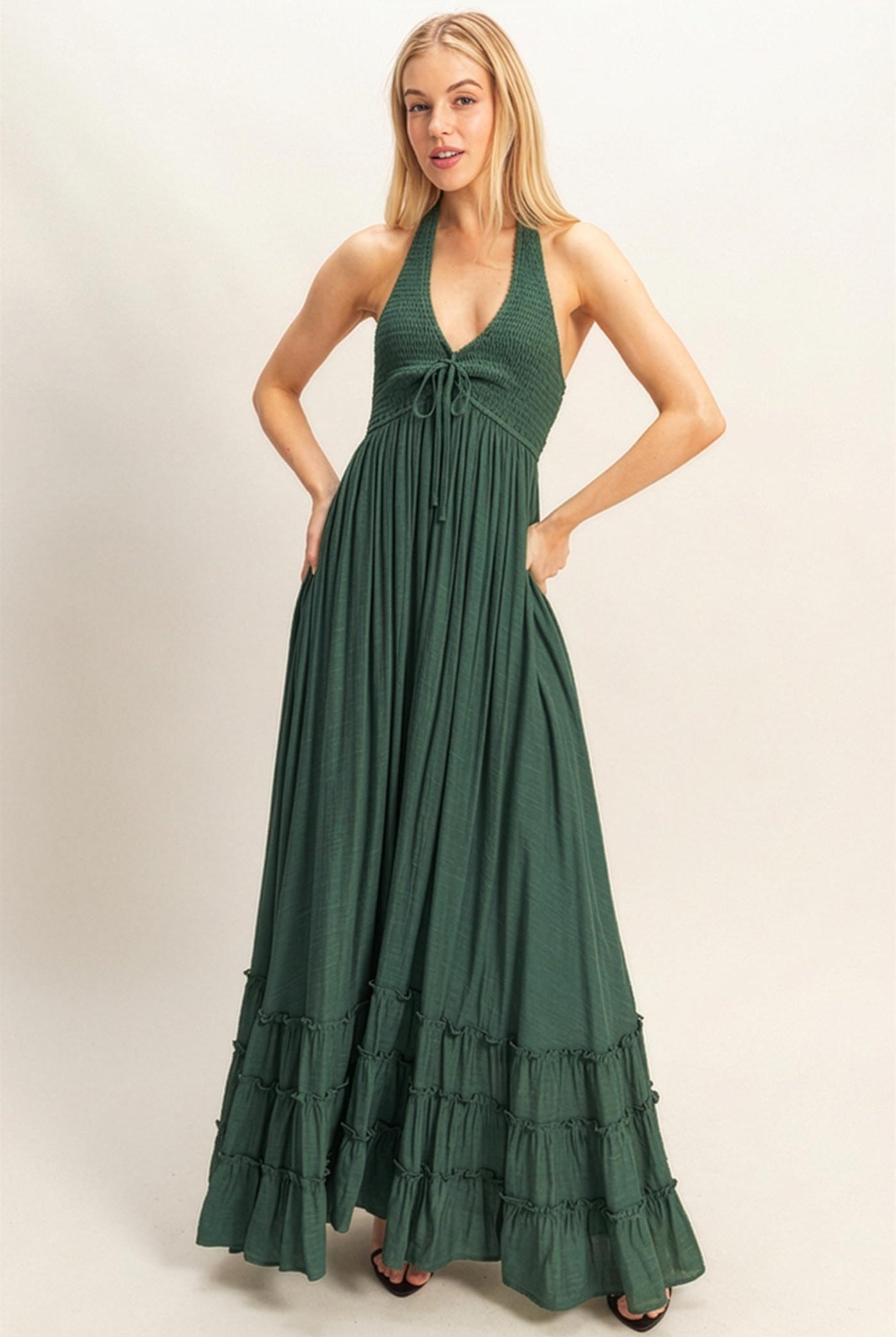 Wholesale Halter Neck Smocked Maxi Dress Dresses HF26C287-D HUNTER GREEN HYFVE