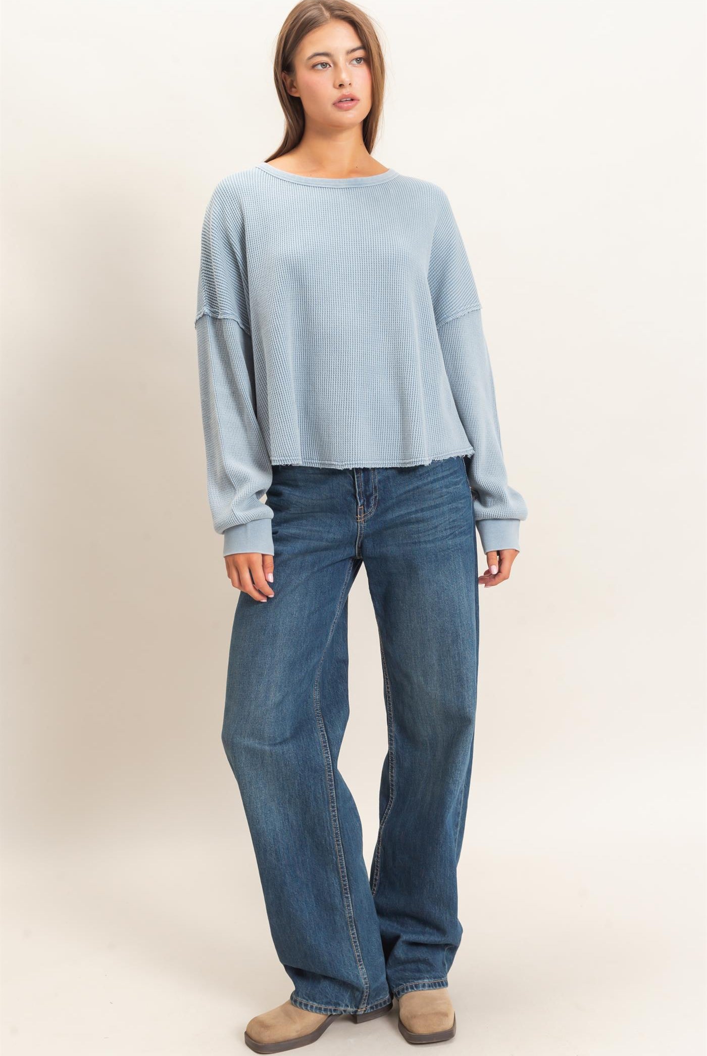 Wholesale Mineral Wash Waffle Oversized Top Clothing Tops DZ26E248 DUSTY BLUE DOUBLE ZERO