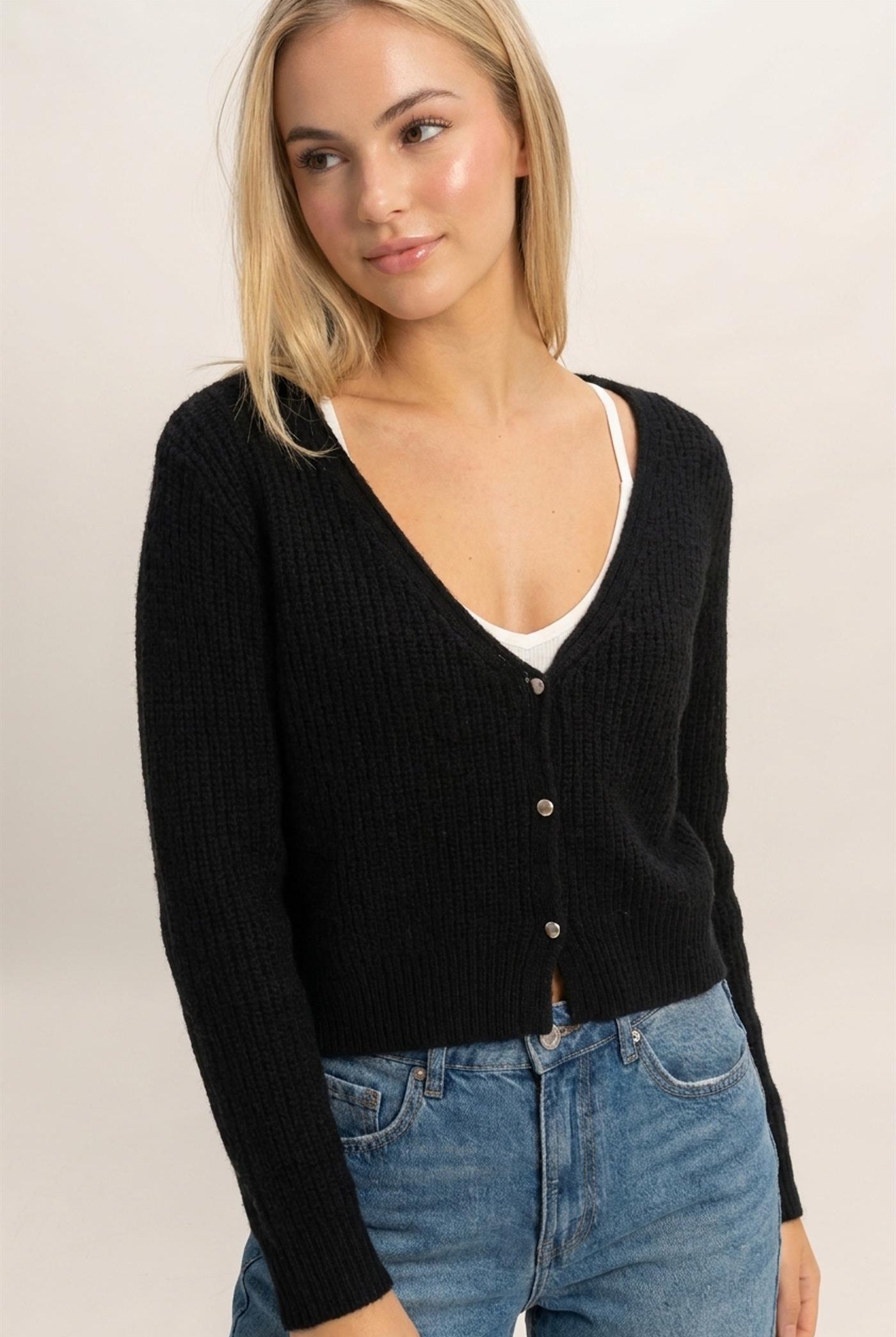 Wholesale V-Neck Ribbed Cardigan Cardigans DZ26E106 BLACK DOUBLE ZERO