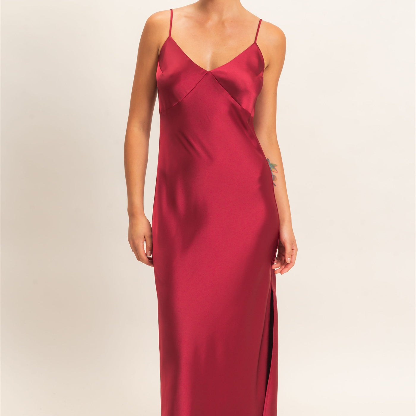 Wholesale Satin V-Neck Slip Dress Dresses DZ26E262 BURGUNDY DOUBLE ZERO