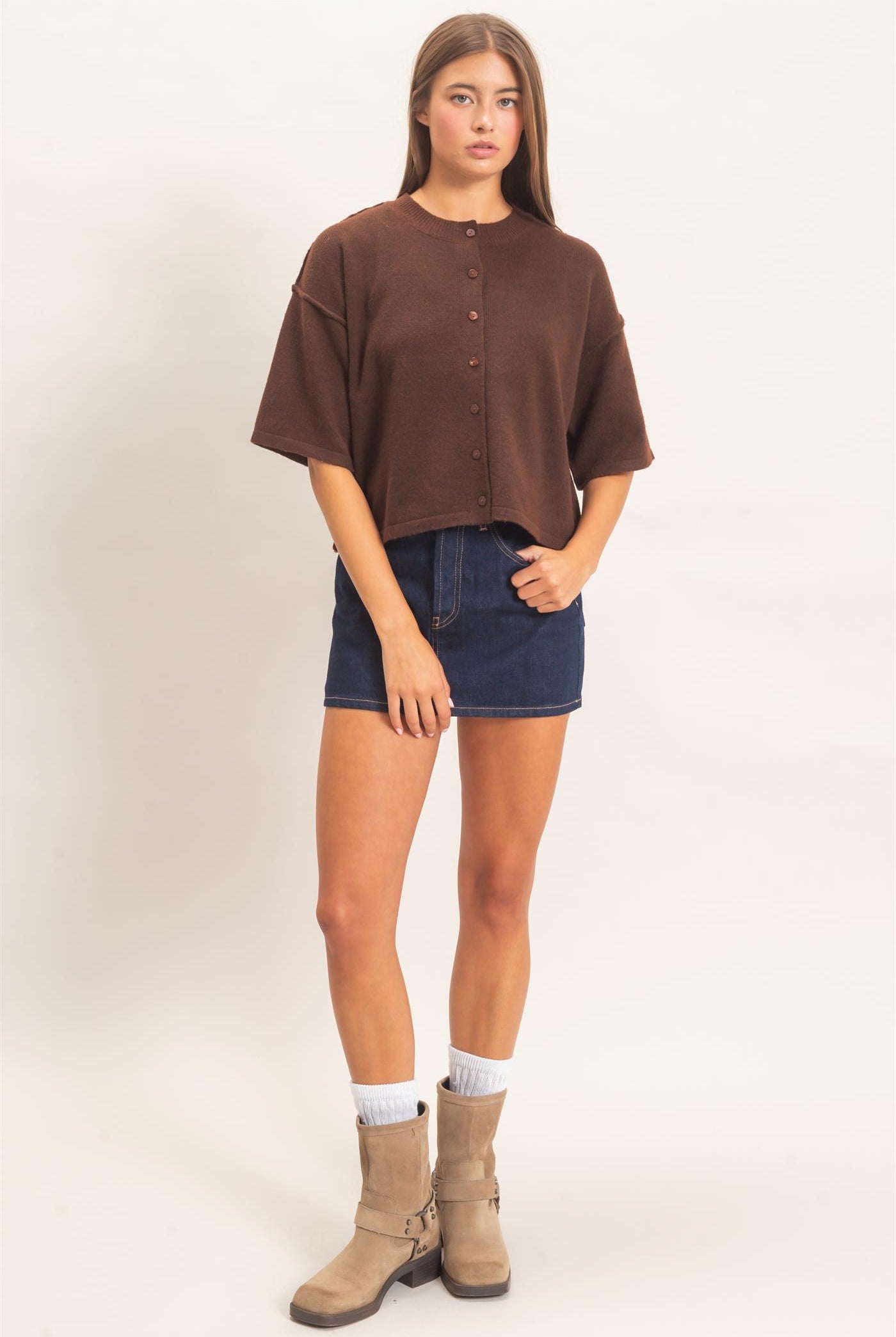 Wholesale Drop Shoulder Short Sleeve Cardigan Cardigans DZ26E238 DARK BROWN DOUBLE ZERO