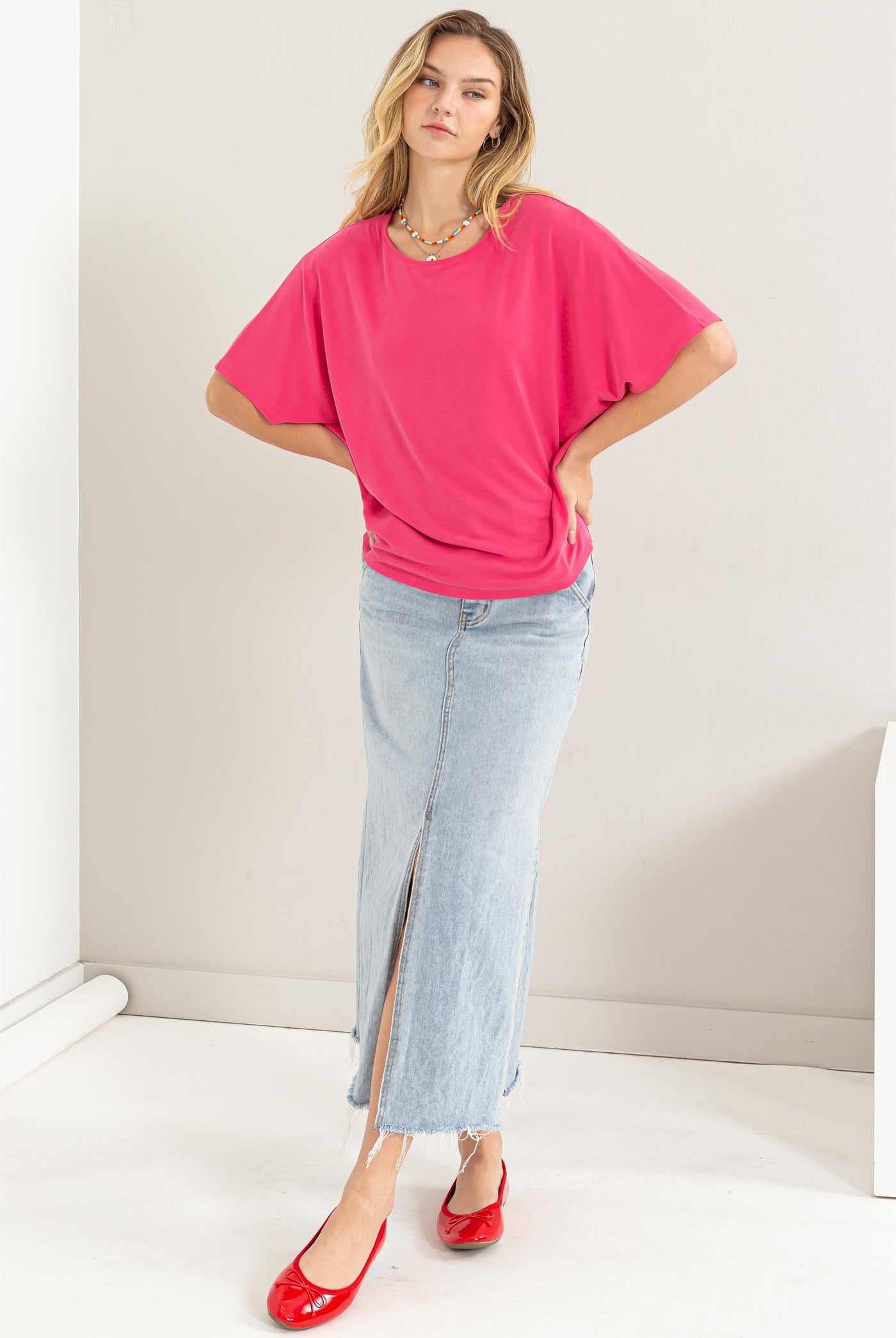 Wholesale D-Elbow Length Dolman Sleeve Top Clothing Tops DZ24C199-D RASPBERRY DOUBLE ZERO