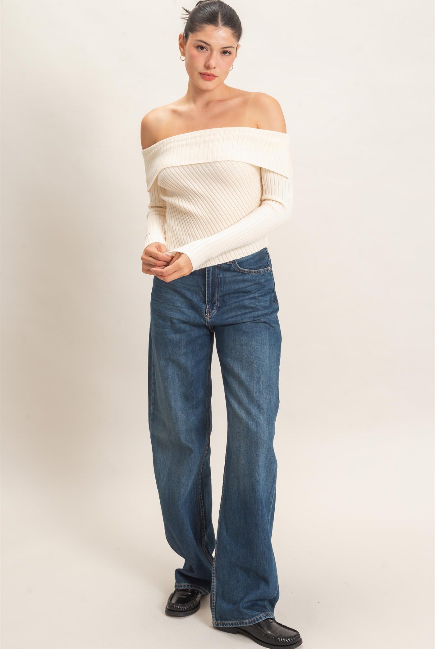 Wholesale Ribbed Off-Shoulder Sweater Sweaters HF26E937 CREAM HYFVE