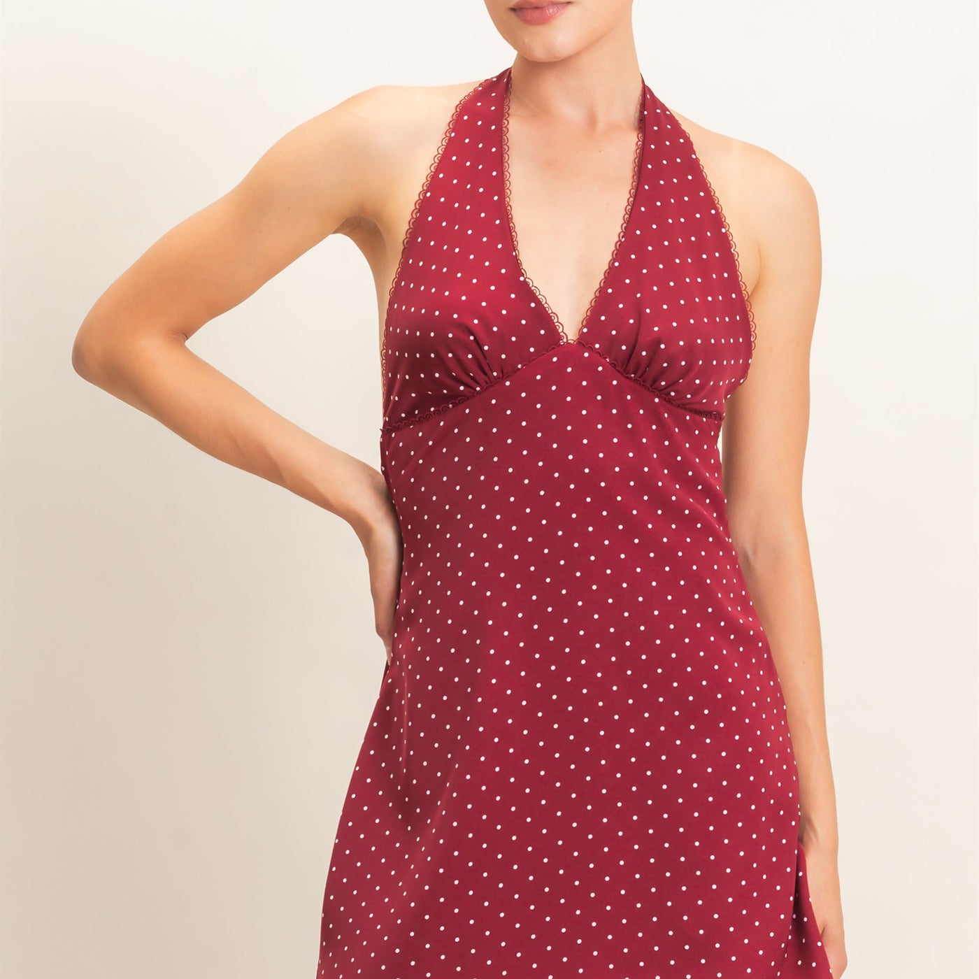 Wholesale Polka Dot Halter Dress Dresses HF26F027 BURGUNDY HYFVE