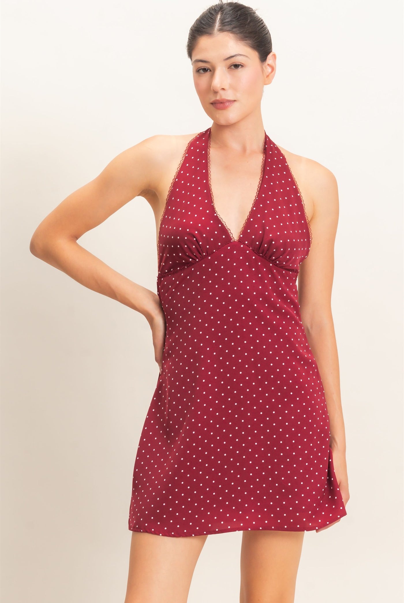 Wholesale Polka Dot Halter Dress Dresses HF26F027 BURGUNDY HYFVE