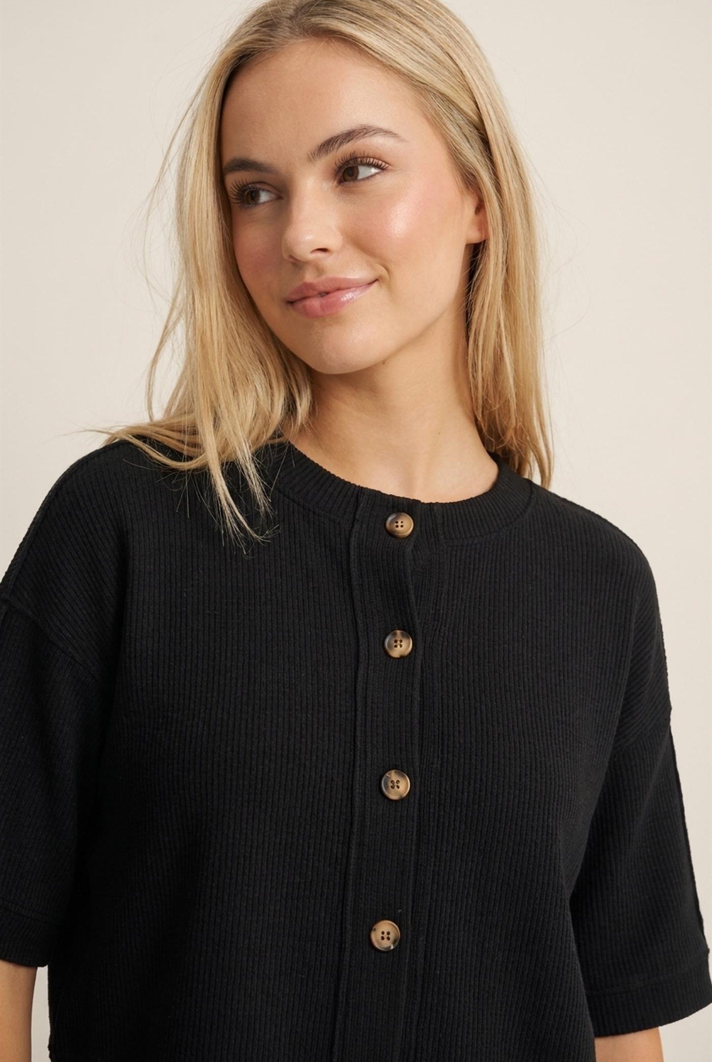 Wholesale Button-Down Short Sleeve Waffle Top Clothing Tops DZ26F244 BLACK DOUBLE ZERO