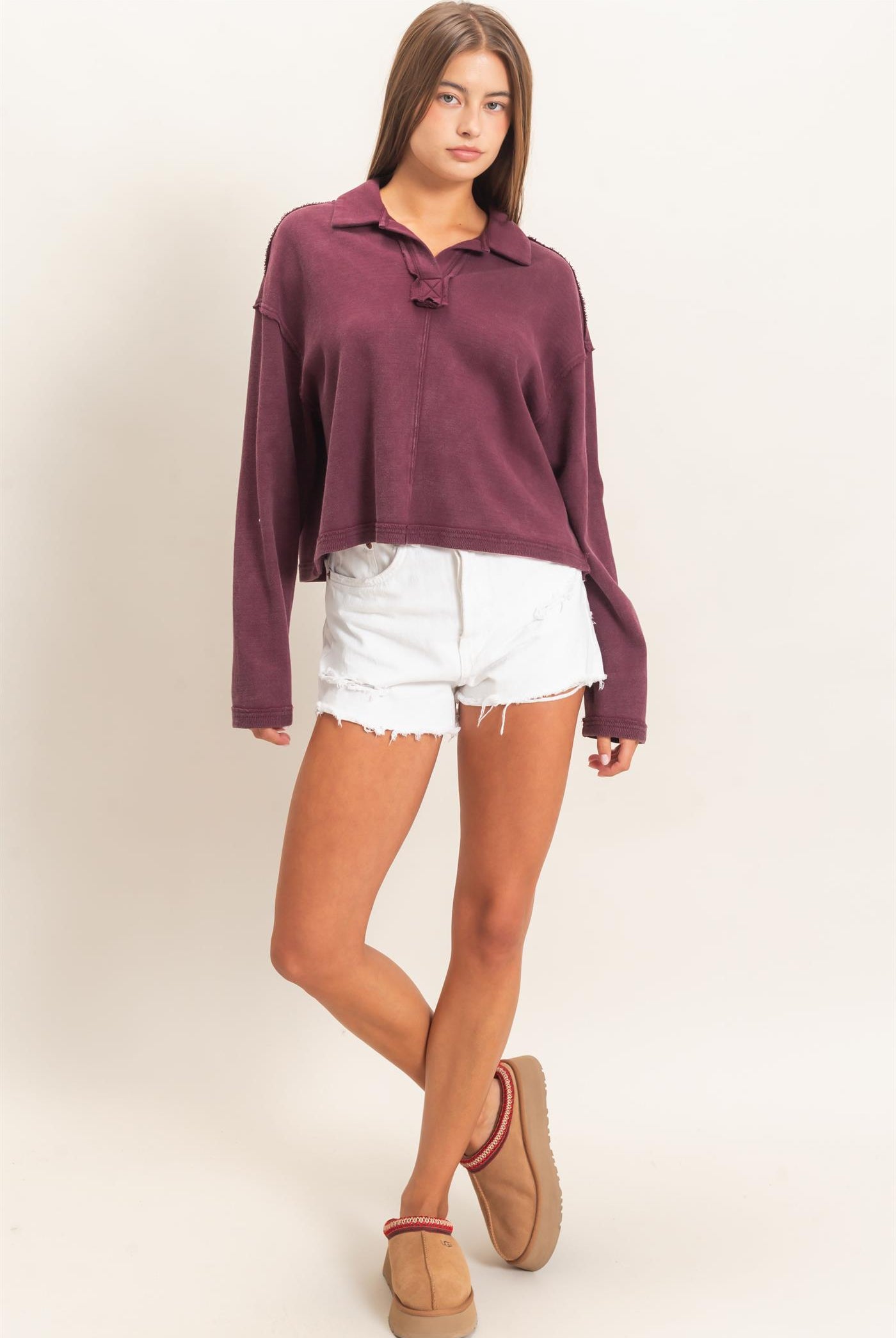 Wholesale Mineral Wash Textured Collar Top Polos DZ26E814 DARK CHERRY DOUBLE ZERO