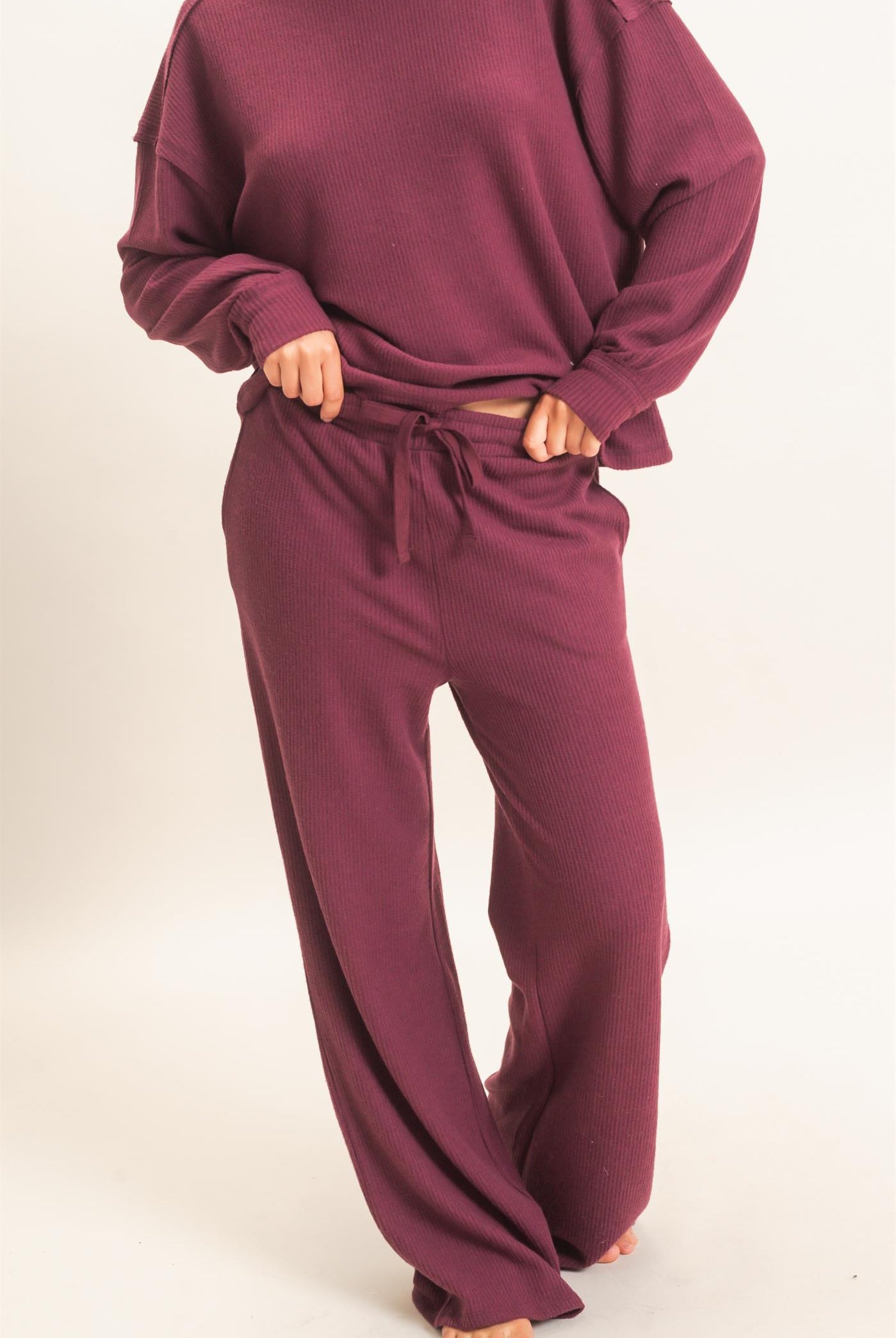 Wholesale Brushed Waffle Drawstring Pants Pants DZ26F313 DARK CHERRY DOUBLE ZERO