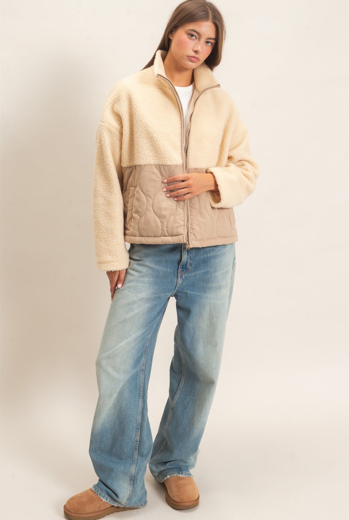 Wholesale Quilted Sherpa Zip Up Jacket Coats & Jackets DZ26F259 TAUPE DOUBLE ZERO