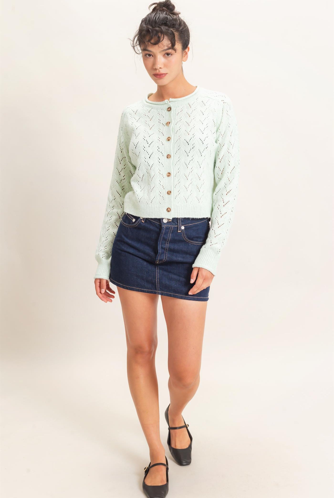 Wholesale Pointelle Knit Button Front Cardigan Cardigans DZ26C978 PALE GREEN DOUBLE ZERO