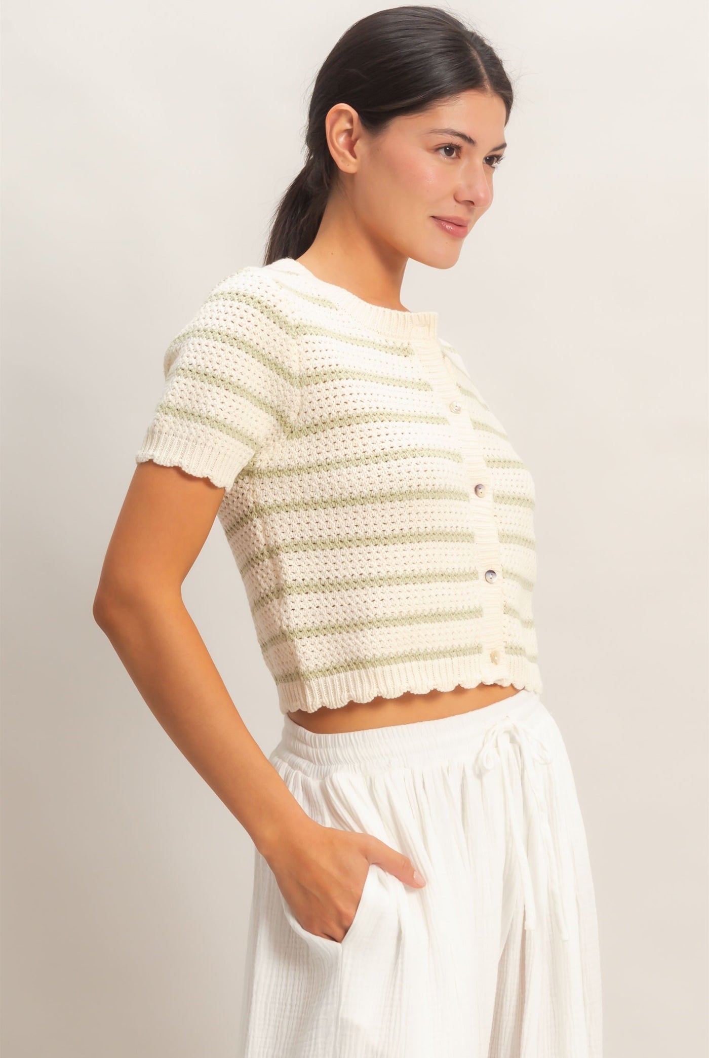 Wholesale Striped Short Sleeve Cardigan With Scallop Edge Cardigans DZ26A605 SAGE GREEN DOUBLE ZERO