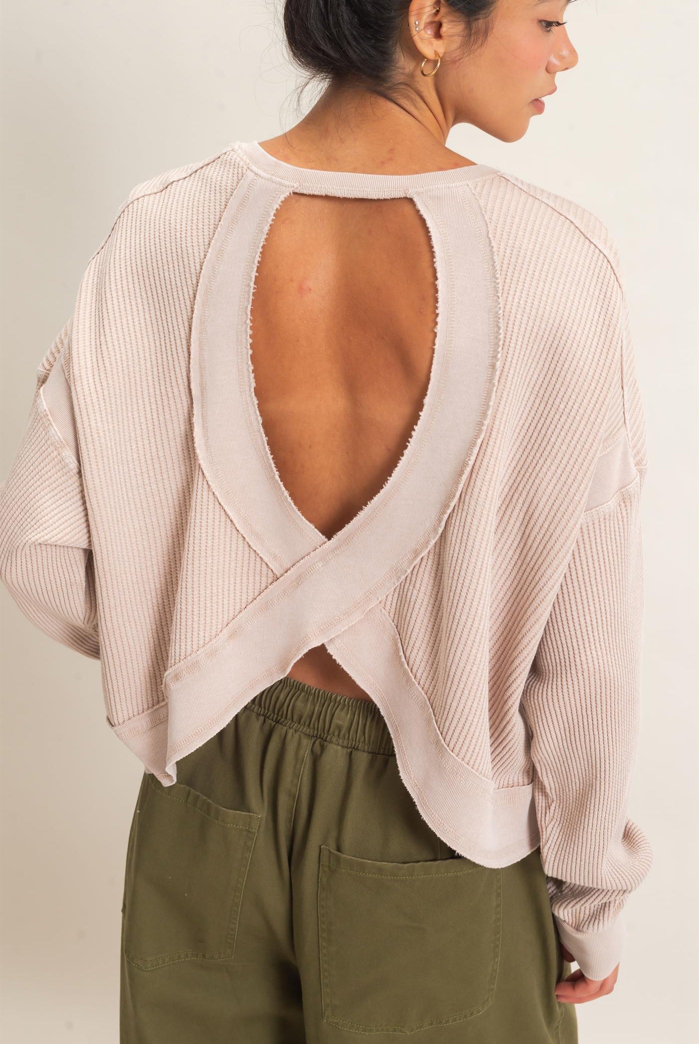 Wholesale Mineral Wash Waffle Open Back Top Clothing Tops DZ26C964 DARK TAUPE DOUBLE ZERO