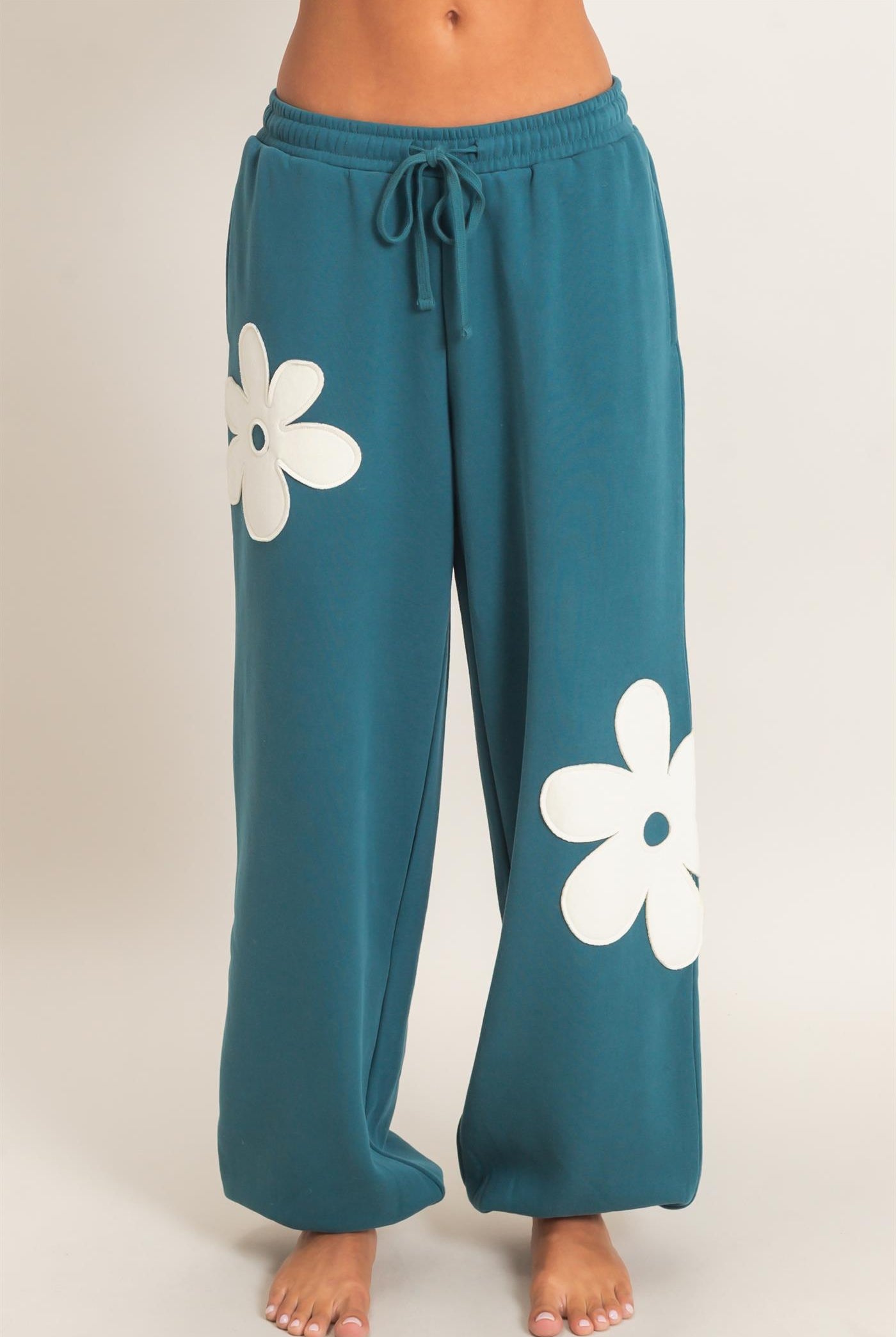 Wholesale Floral Applique Drawstring Jogger Pants Joggers DZ26F308 DARK TEAL DOUBLE ZERO