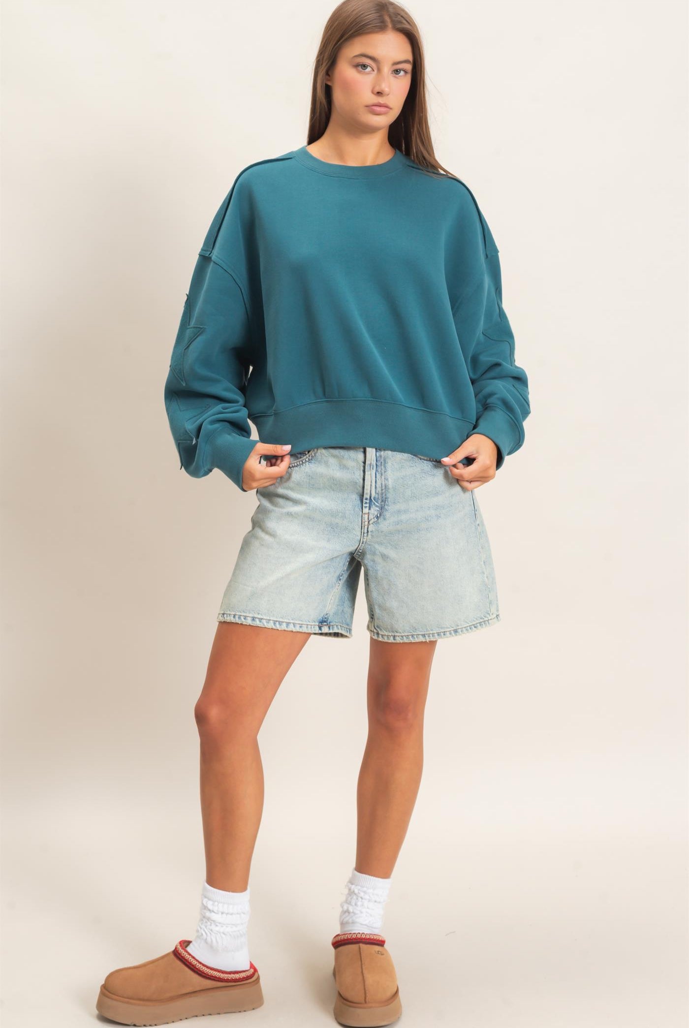 Wholesale Star Patch Sleeve Sweatshirt Sweatshirts DZ26E888 DARK TEAL DOUBLE ZERO