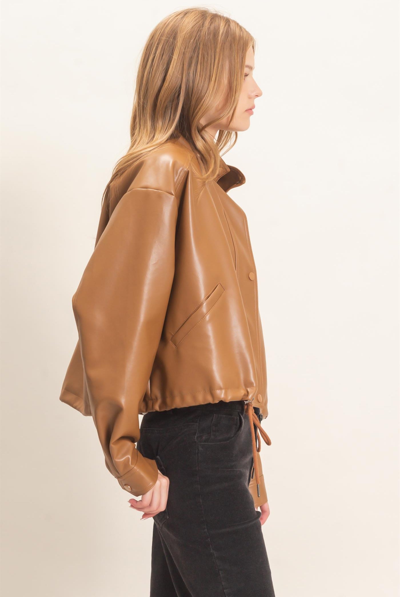 Wholesale Faux Leather Jacket With Stand Collar Bomber Jackets HF25F452 BROWN HYFVE