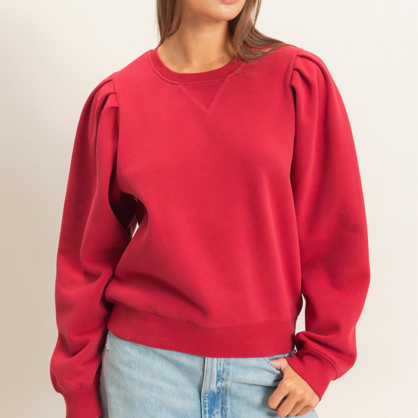 Wholesale Puff Sleeve Crew Neck Sweatshirt Sweatshirts DZ26E110 DARK RED DOUBLE ZERO