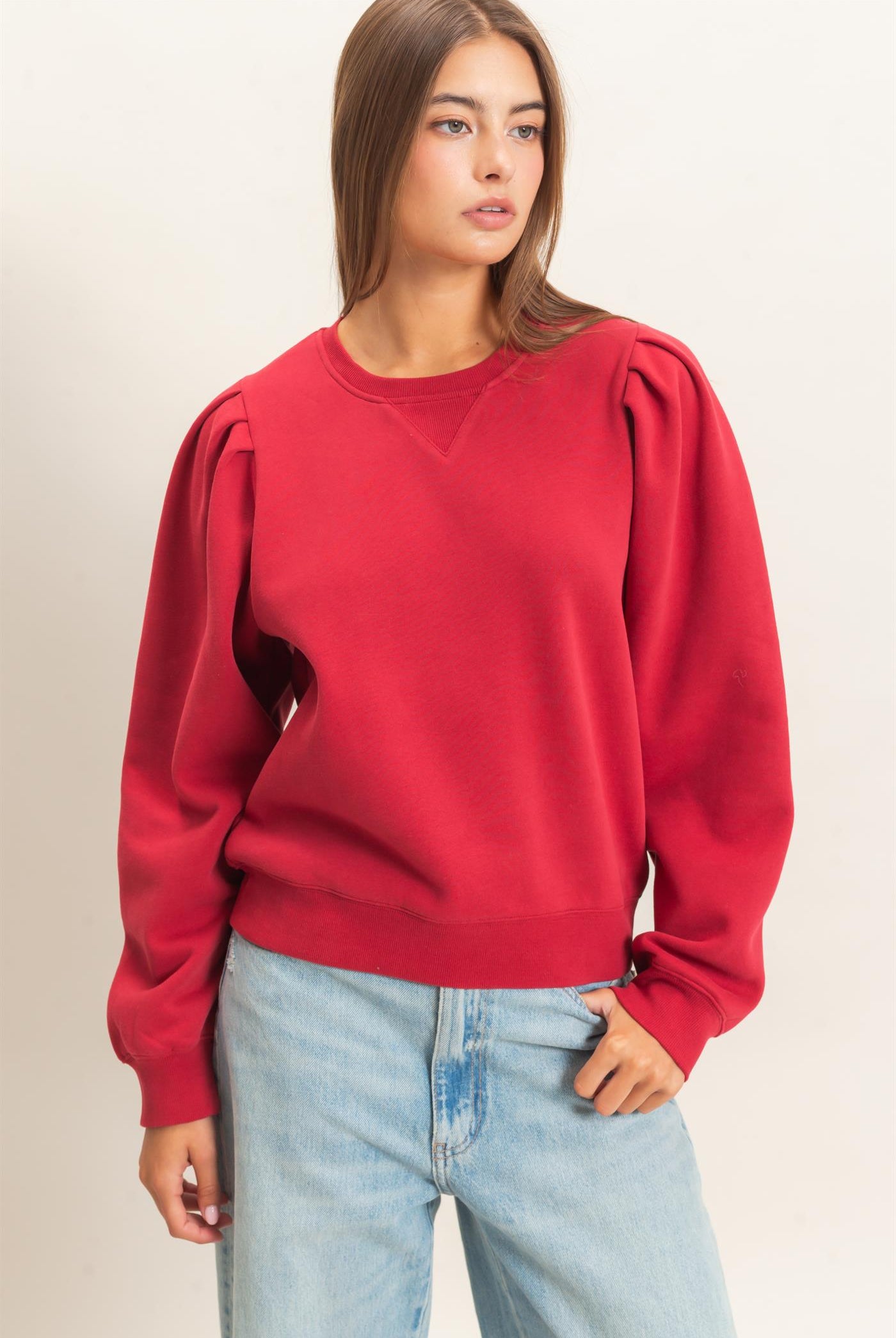Wholesale Puff Sleeve Crew Neck Sweatshirt Sweatshirts DZ26E110 DARK RED DOUBLE ZERO