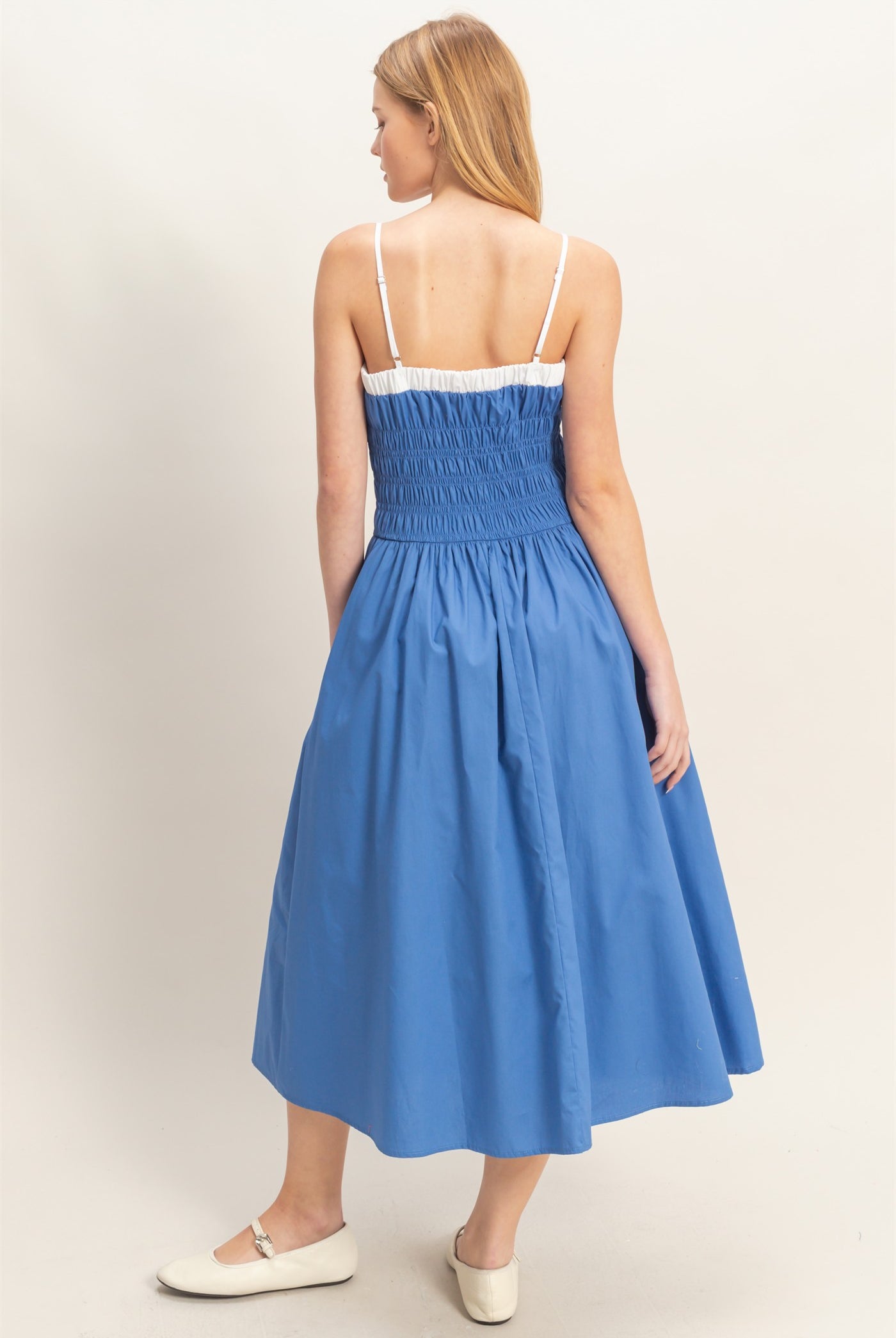 Wholesale Smocked Strapped Midi Dress Dresses HF26A624 BLUE HYFVE