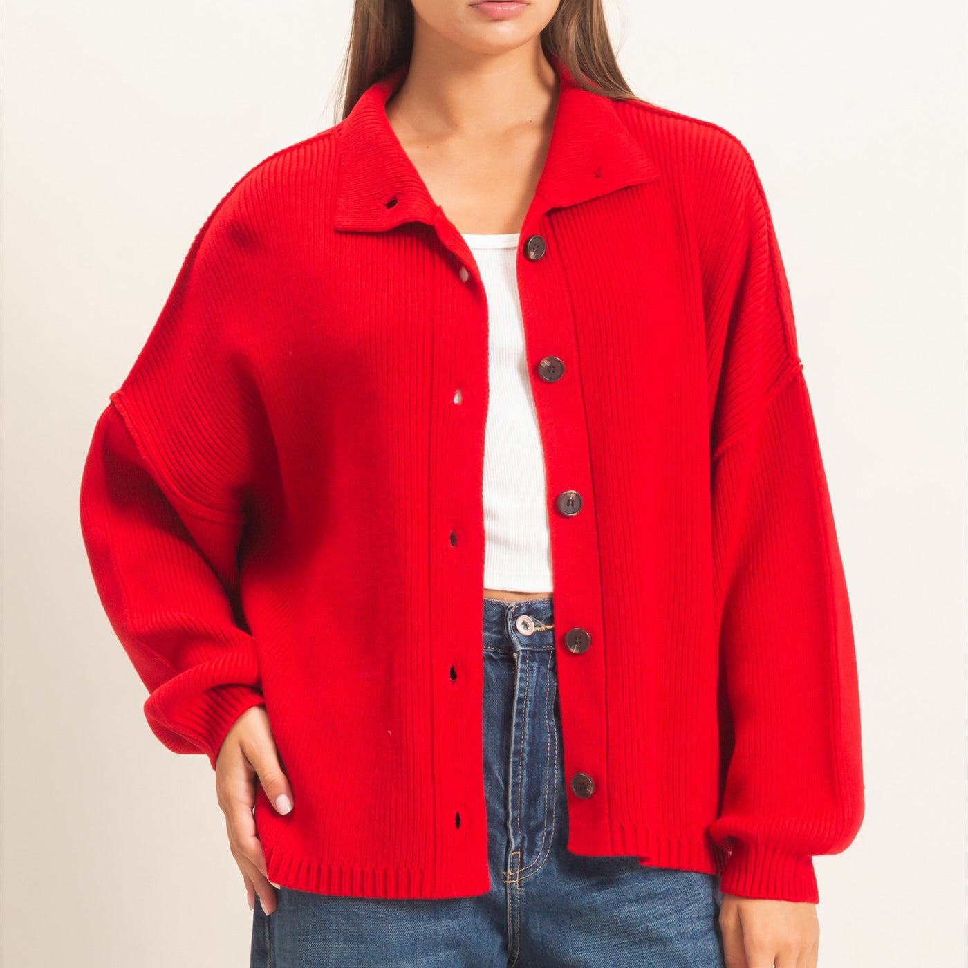 Wholesale High Neck Oversized Cardigan Cardigans DZ26E280 RED DOUBLE ZERO