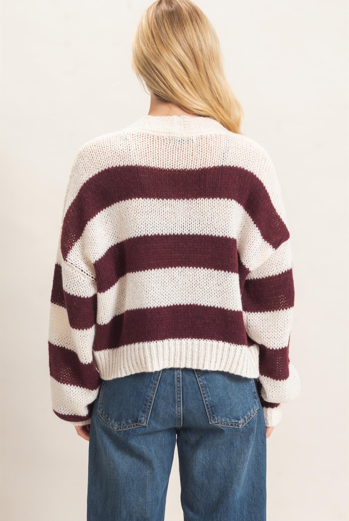 Wholesale Striped V-Neck Sweater Cardigan Cardigans HF26E959 MERLOT HYFVE