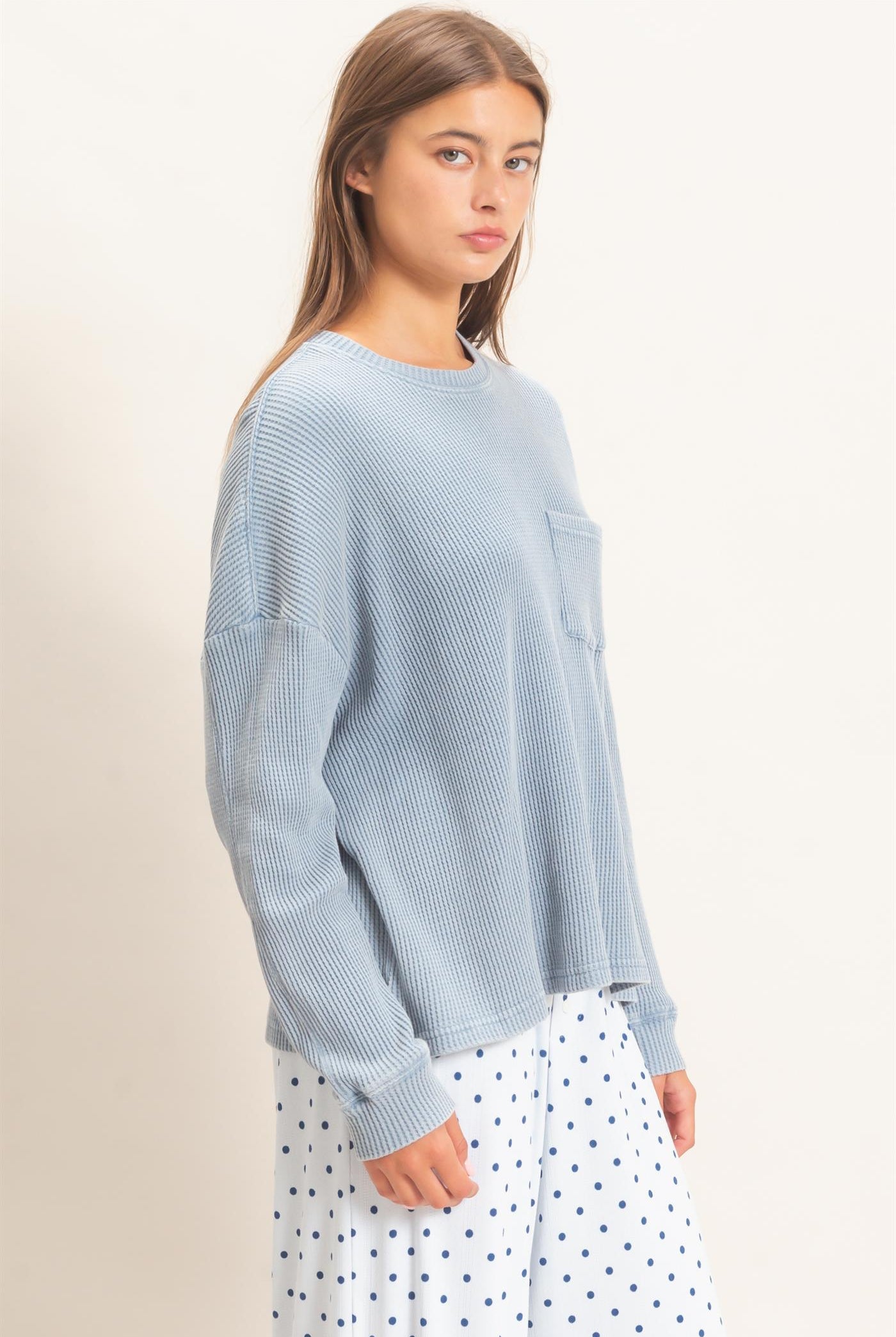 Wholesale Mineral Wash Waffle Long Sleeve Top Clothing Tops DZ26F242 DUSTY BLUE DOUBLE ZERO
